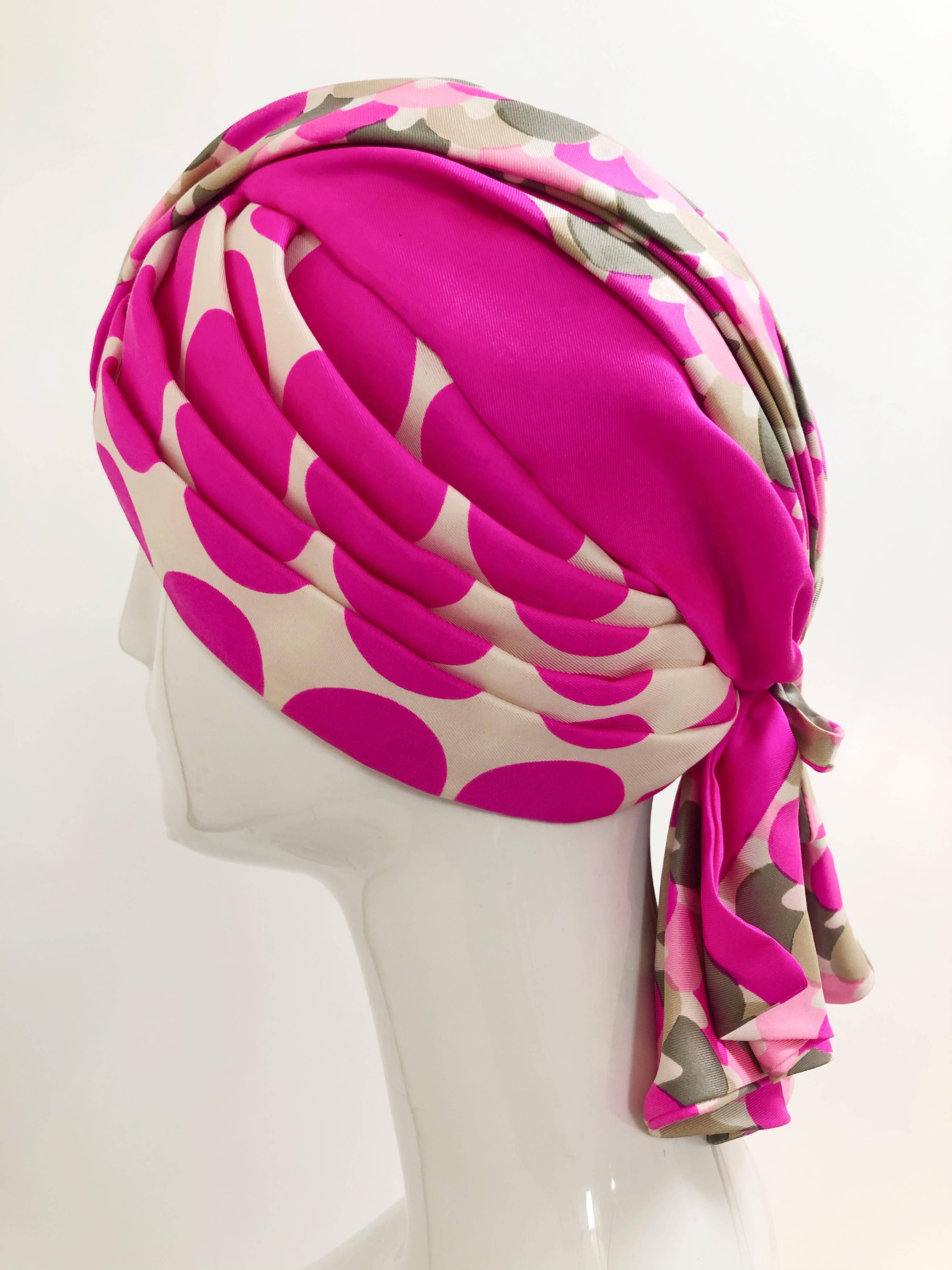 Beige 1960s Saks Fifth Avenue Pink Polka Dot Silk Mod Turban