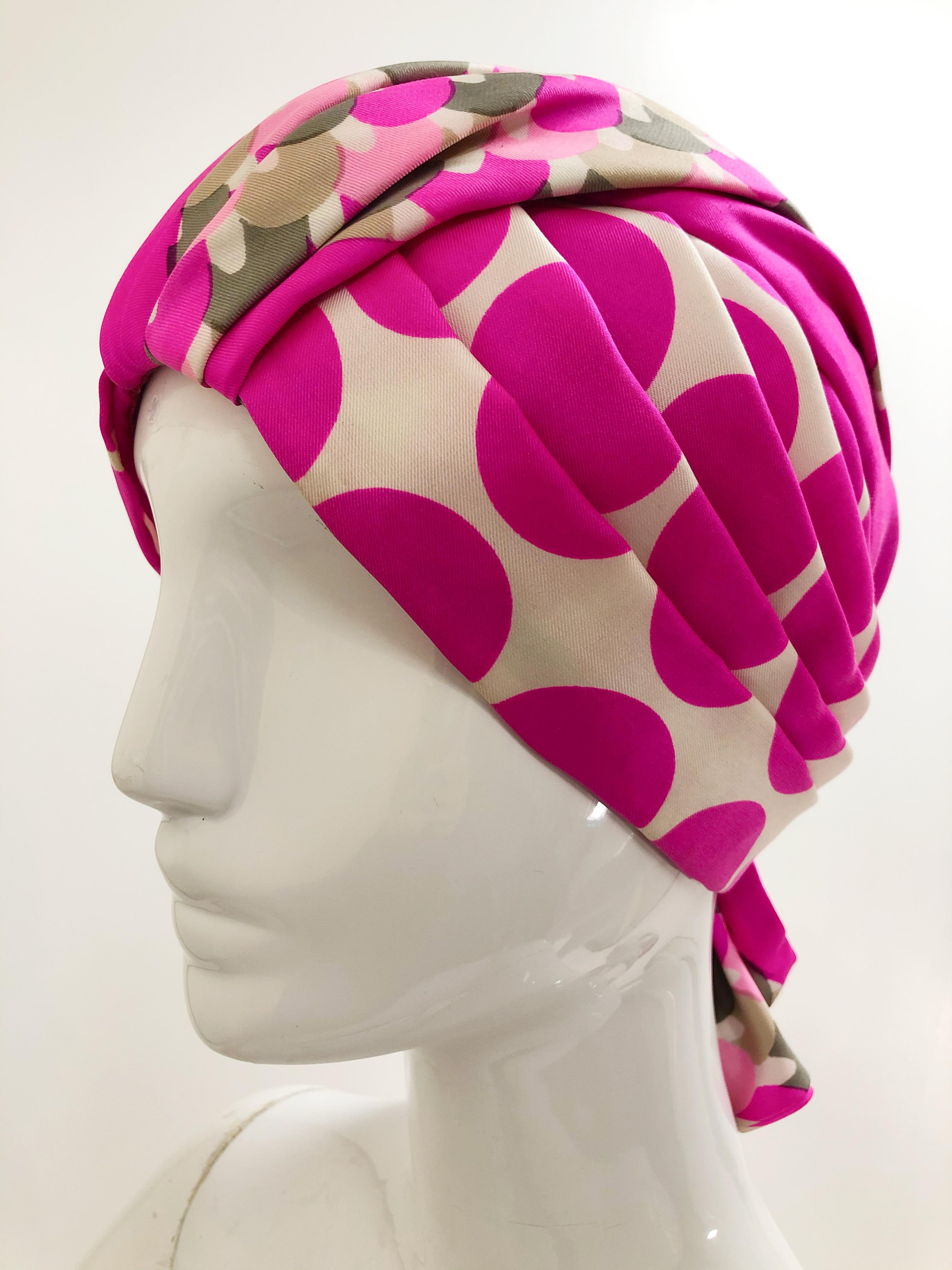 1960s Saks Fifth Avenue Pink Polka Dot Silk Mod Turban In Excellent Condition In Gresham, OR