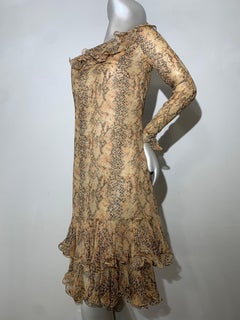 1960s Saks Fifth Avenue Python Print Silk Chiffon Dress w Ruffled Collar & Hem