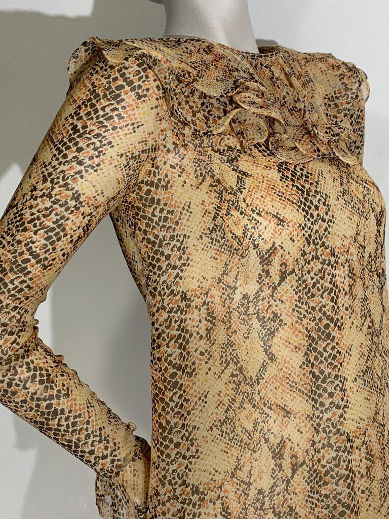 1960s Saks Fifth Avenue Python Print Silk Chiffon Dress w Ruffled Collar  and Hem For Sale at 1stDibs