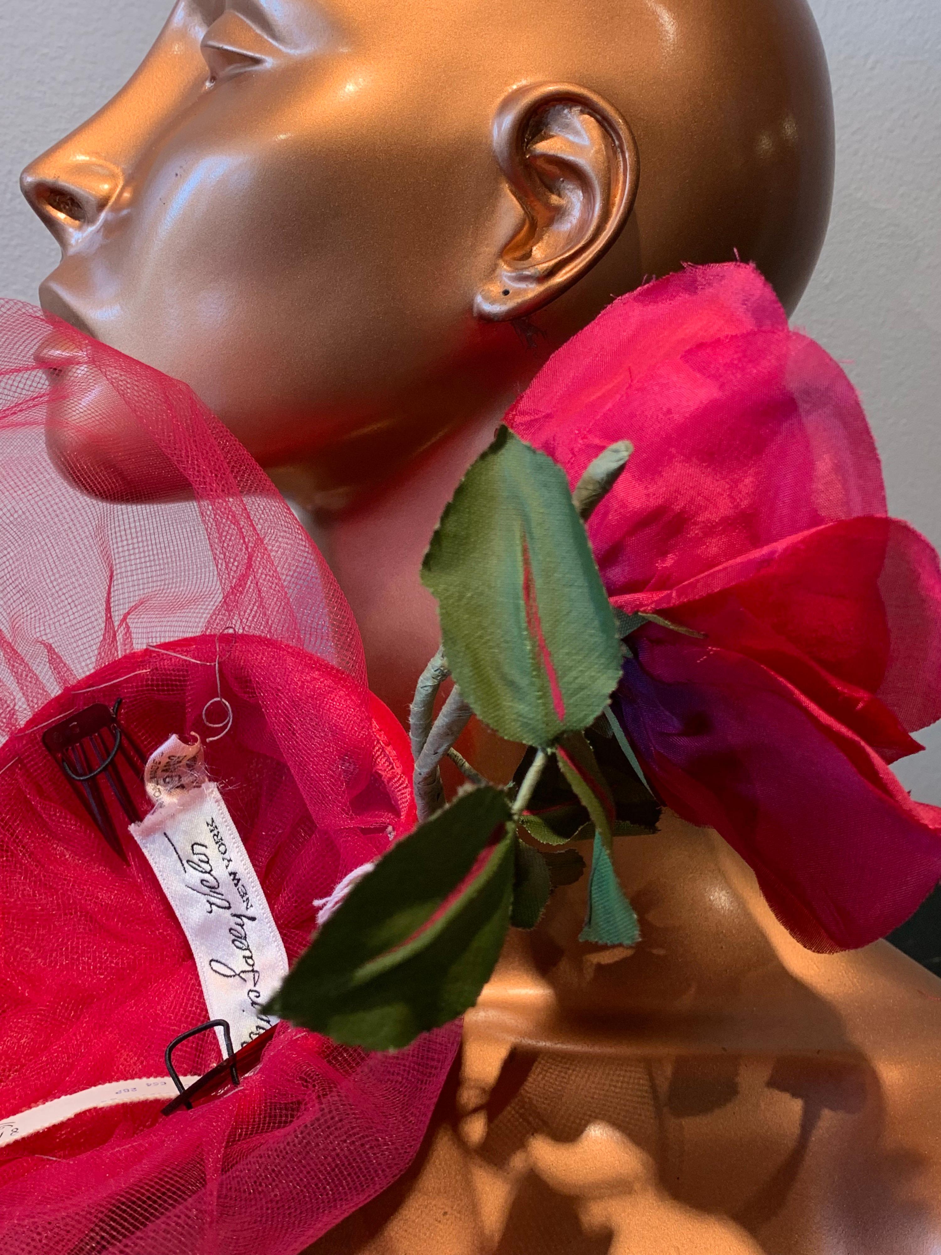 1960s Sally Victor Shocking Pink Toy Pillbox Hat W/ Extravagant Silk Rose & Veil 4