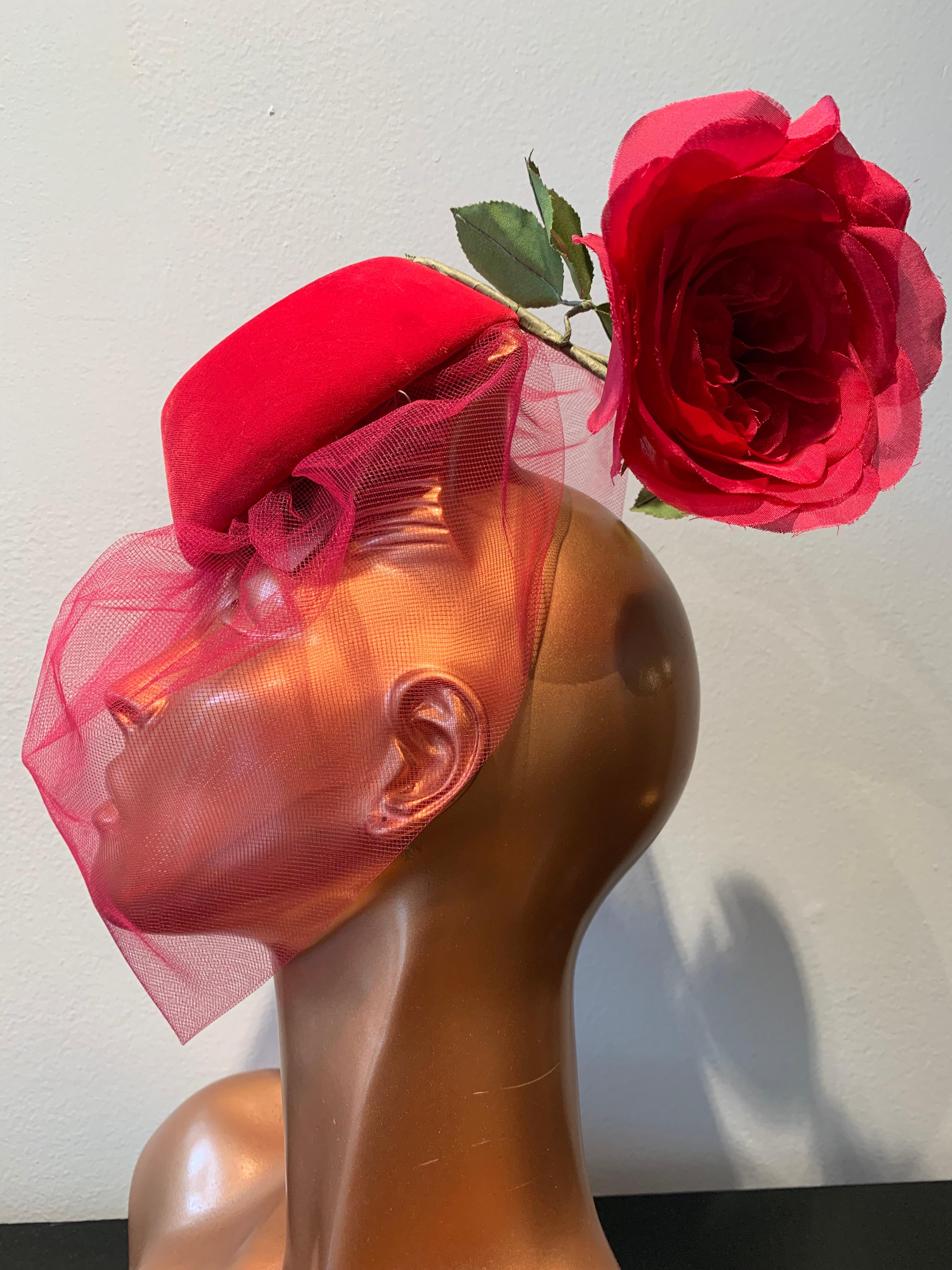 Brown 1960s Sally Victor Shocking Pink Toy Pillbox Hat W/ Extravagant Silk Rose & Veil