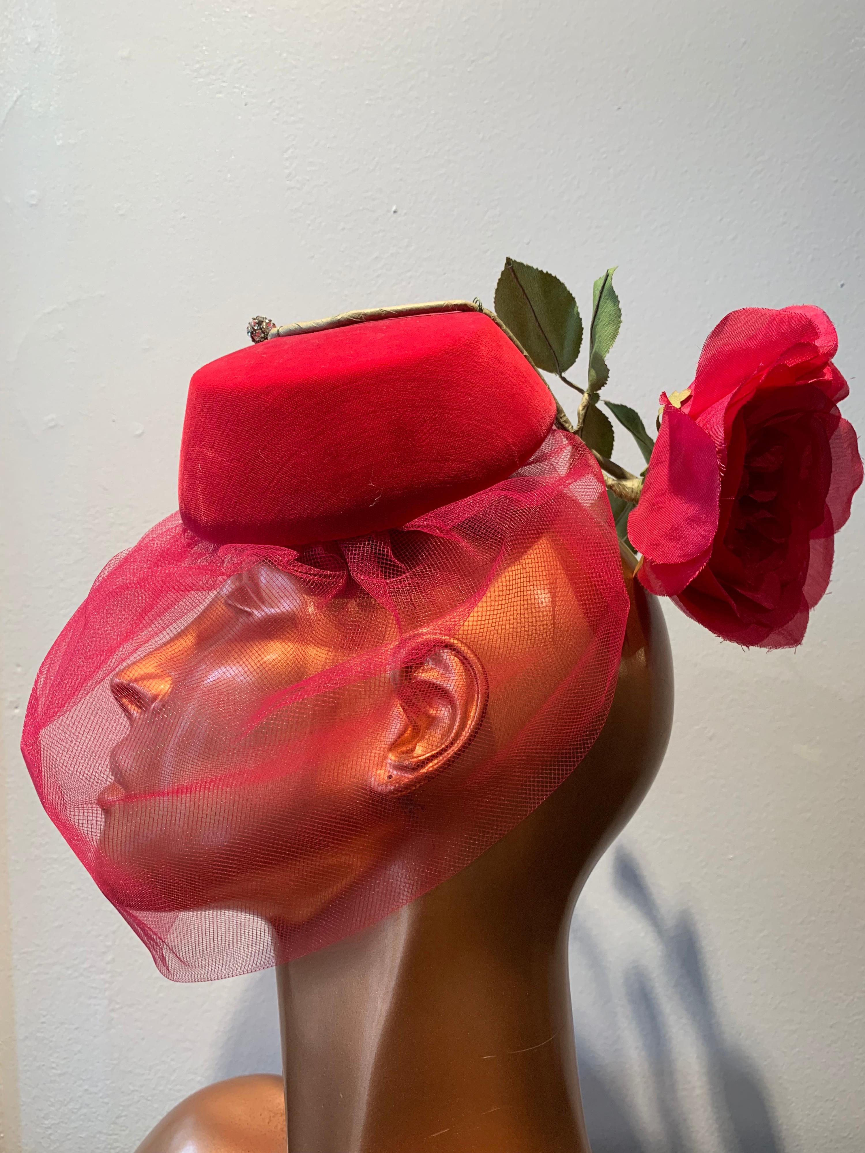 Women's 1960s Sally Victor Shocking Pink Toy Pillbox Hat W/ Extravagant Silk Rose & Veil