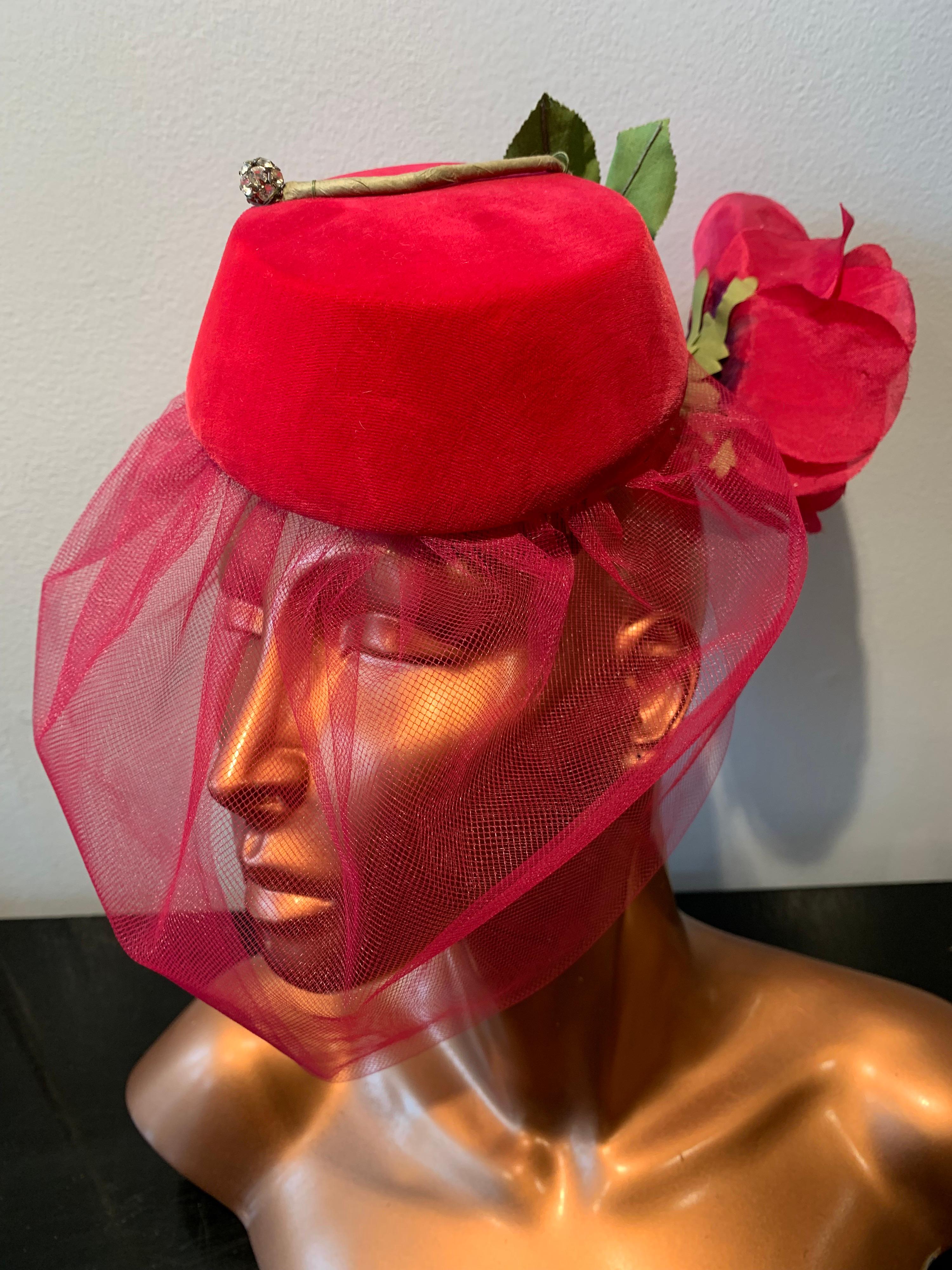 1960s Sally Victor Shocking Pink Toy Pillbox Hat W/ Extravagant Silk Rose & Veil 1
