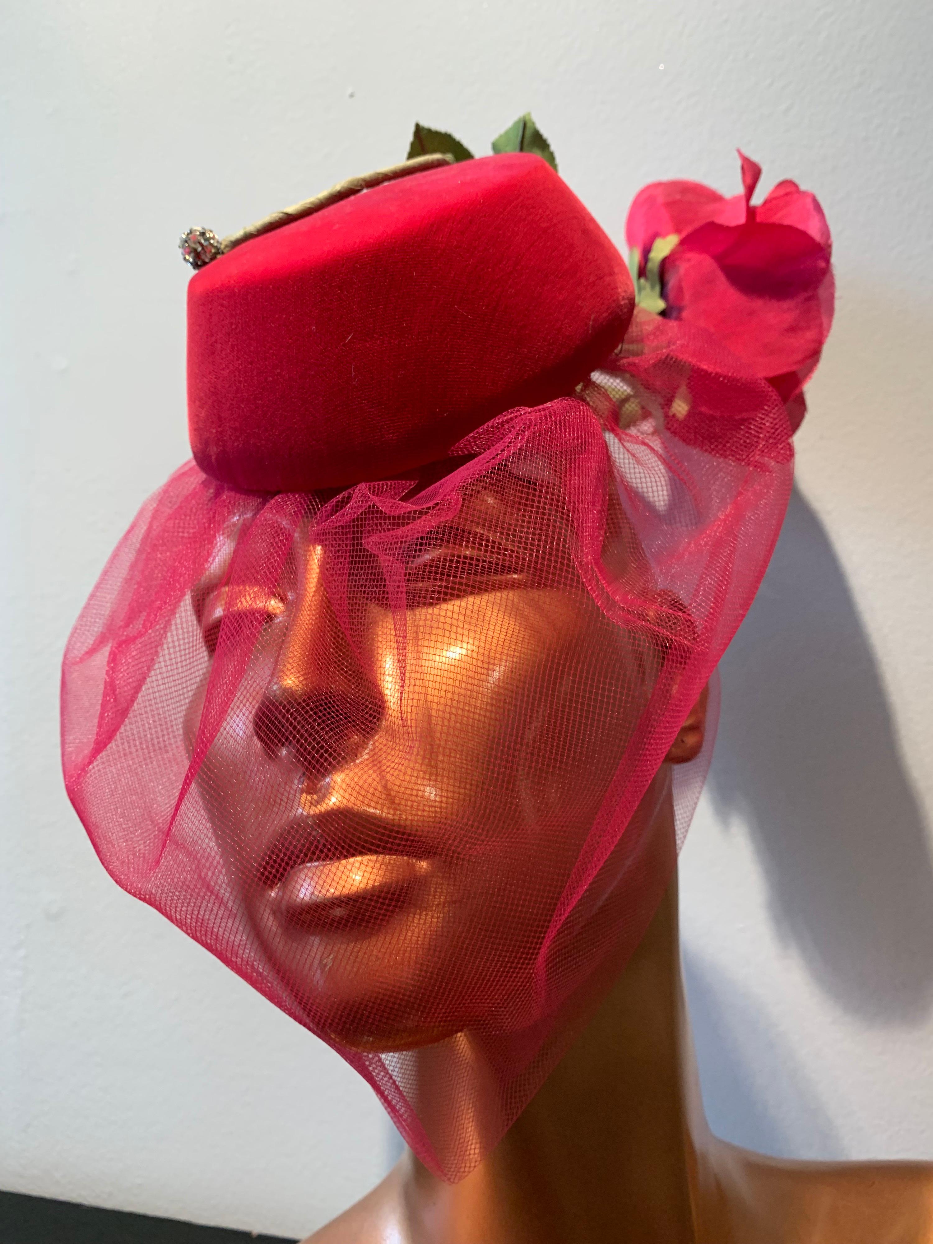 1960s Sally Victor Shocking Pink Toy Pillbox Hat W/ Extravagant Silk Rose & Veil 2