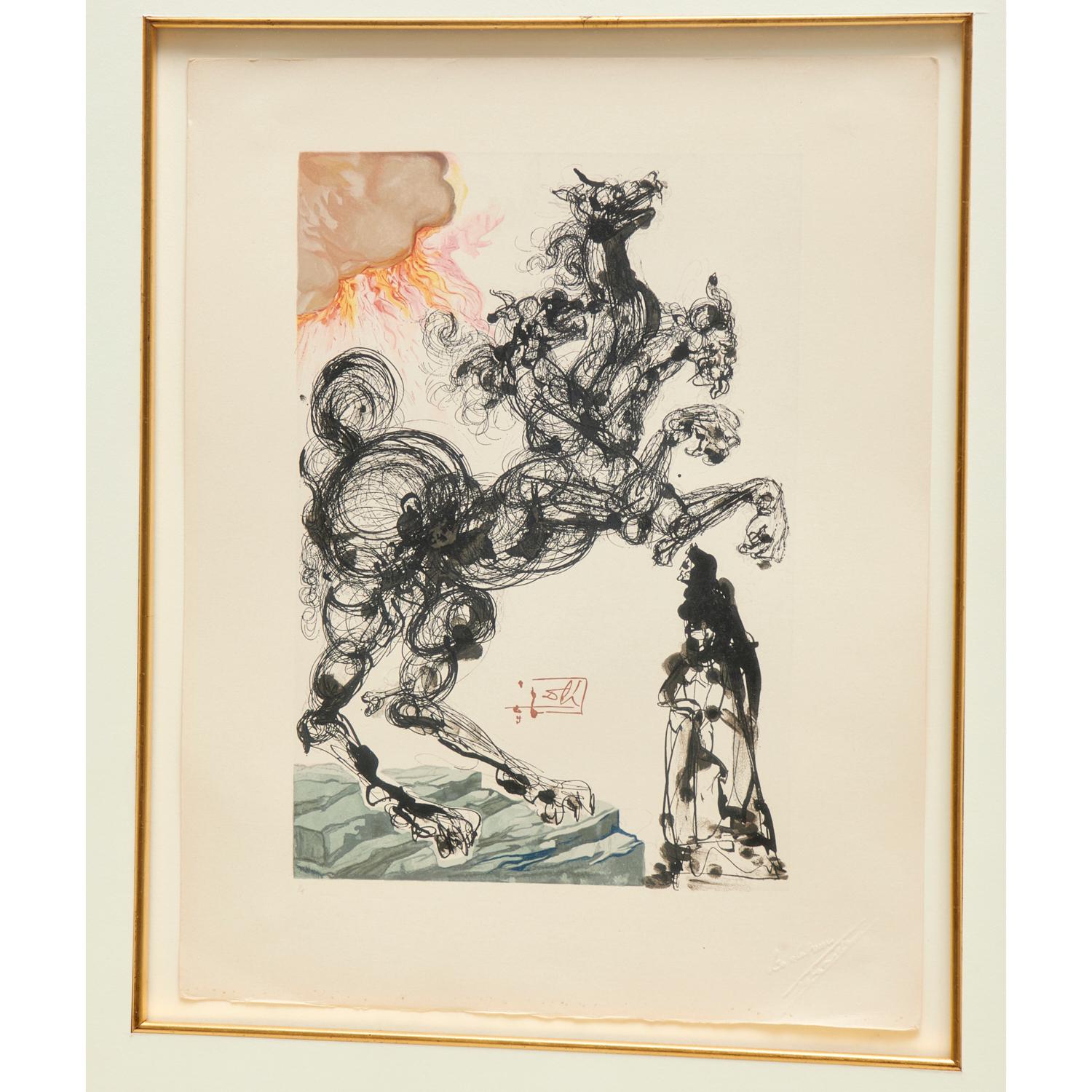 1960's Salvador Dalí's Cerberus Inferno 6, is part of Dalí’s larger series of illustrations for Dante Alighieri’s Divine Comedy. This series was commissioned to mark the 700th anniversary of Dante’s birth. Dalí completed 100 watercolors illustrating