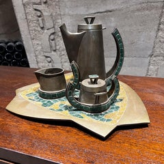 1960s Salvador Teran Coffee Tea Service Set of 5 Brass Mosaic Stone Mexico