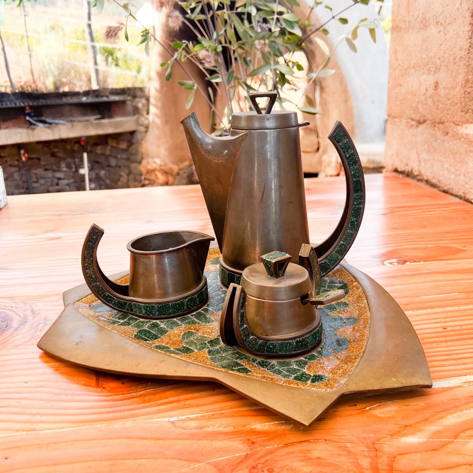 Mid-Century Modern 1960s Salvador Teran Coffee Tea Service Set of 5 Brass Mosaic Stone Mexico For Sale