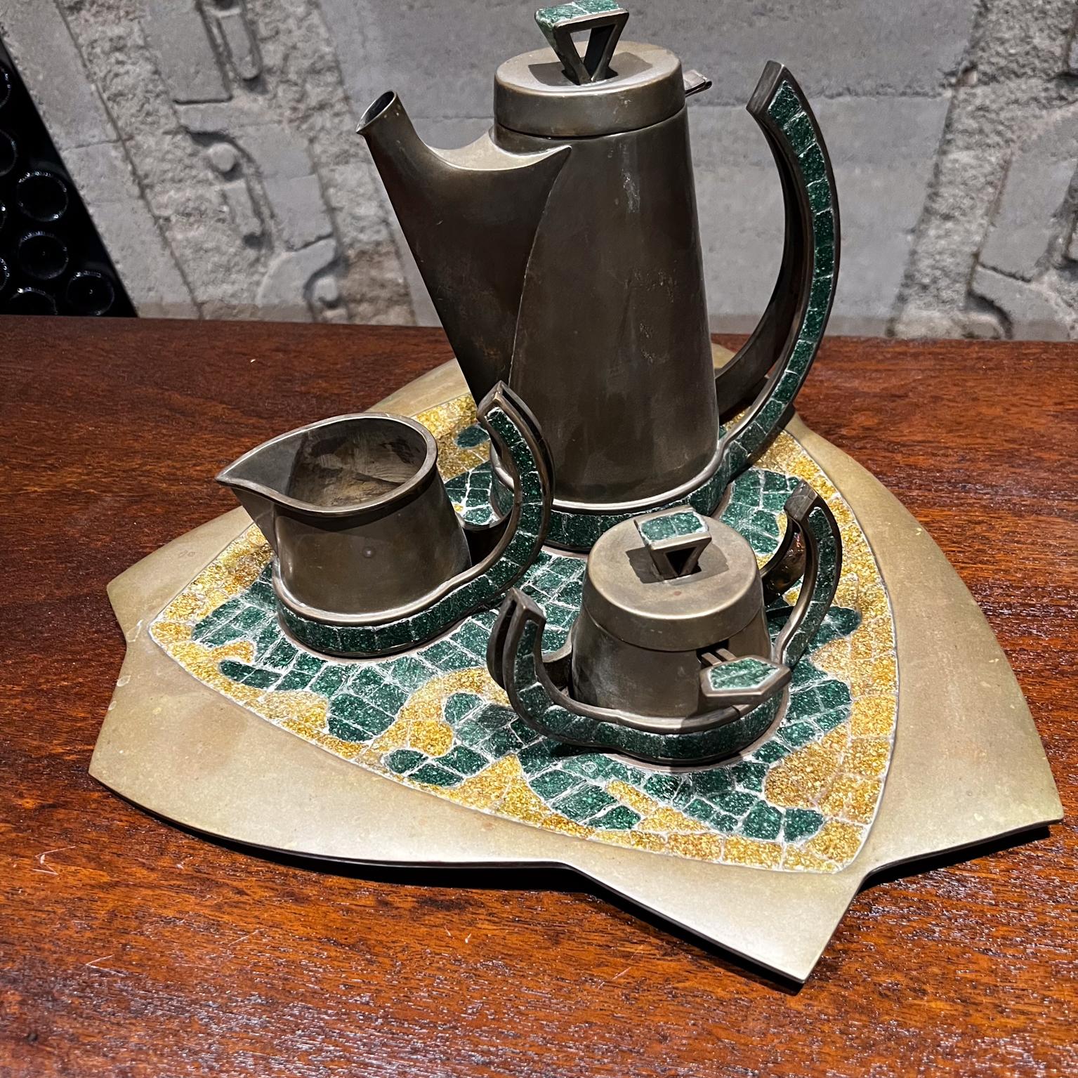 Mexican 1960s Salvador Teran Coffee Tea Service Set of 5 Brass Mosaic Stone Mexico For Sale
