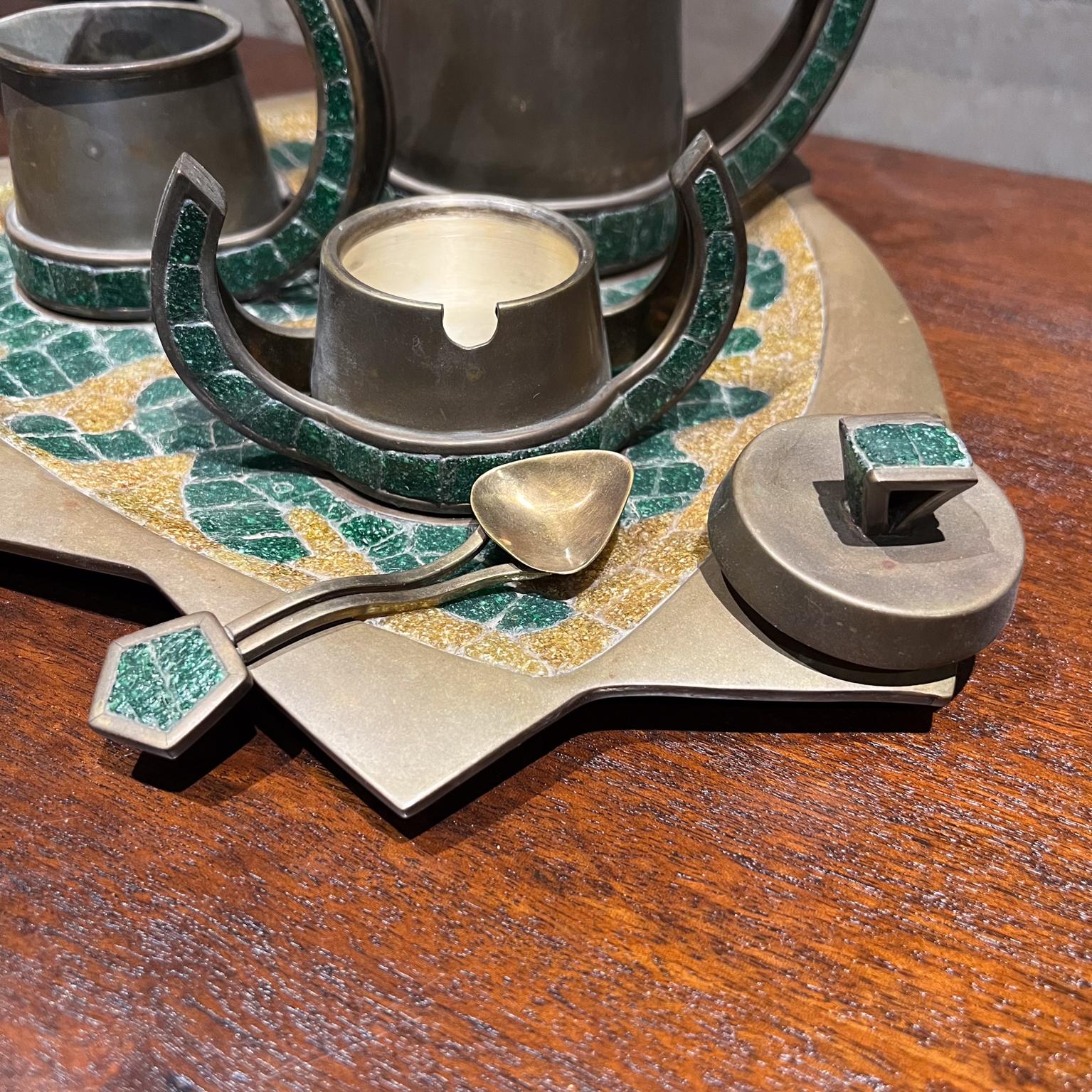 1960s Salvador Teran Coffee Tea Service Set of 5 Brass Mosaic Stone Mexico In Good Condition For Sale In Chula Vista, CA