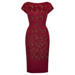 1960s Sambo Fashions Burgundy Oriental Jacquard Print Dress