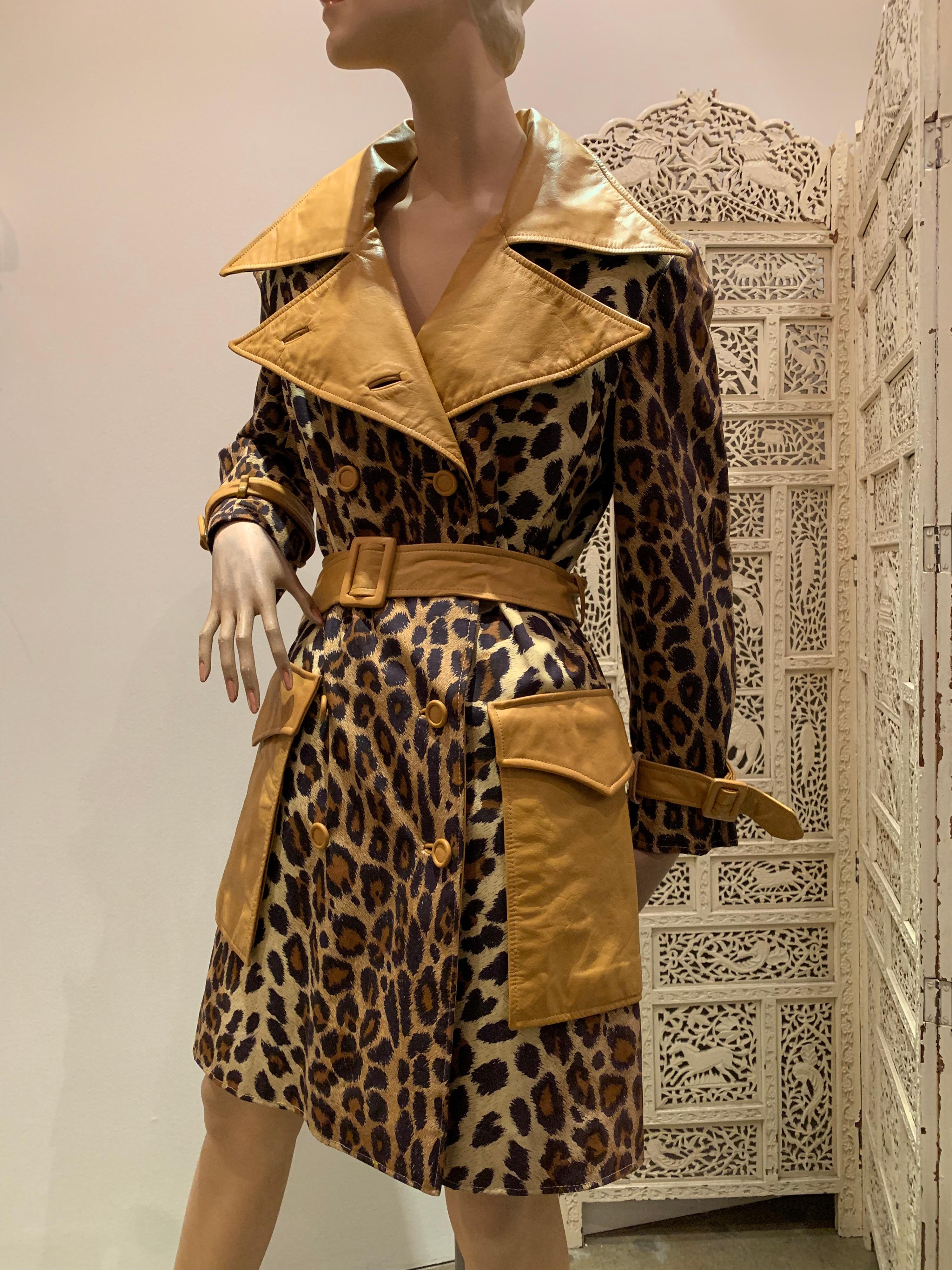 Women's 1960s Samuel Robert Leopard Stenciled Canvas Trench W/ Leather Collar Details