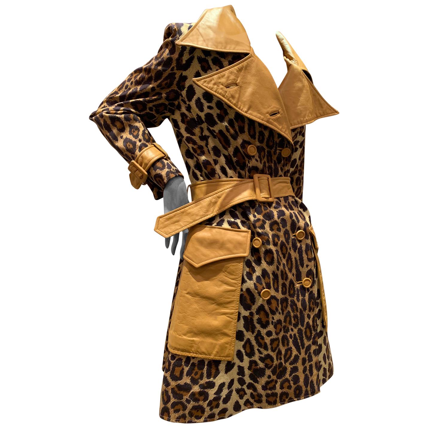 1960s Samuel Robert Leopard Stenciled Canvas Trench W/ Leather Collar Details