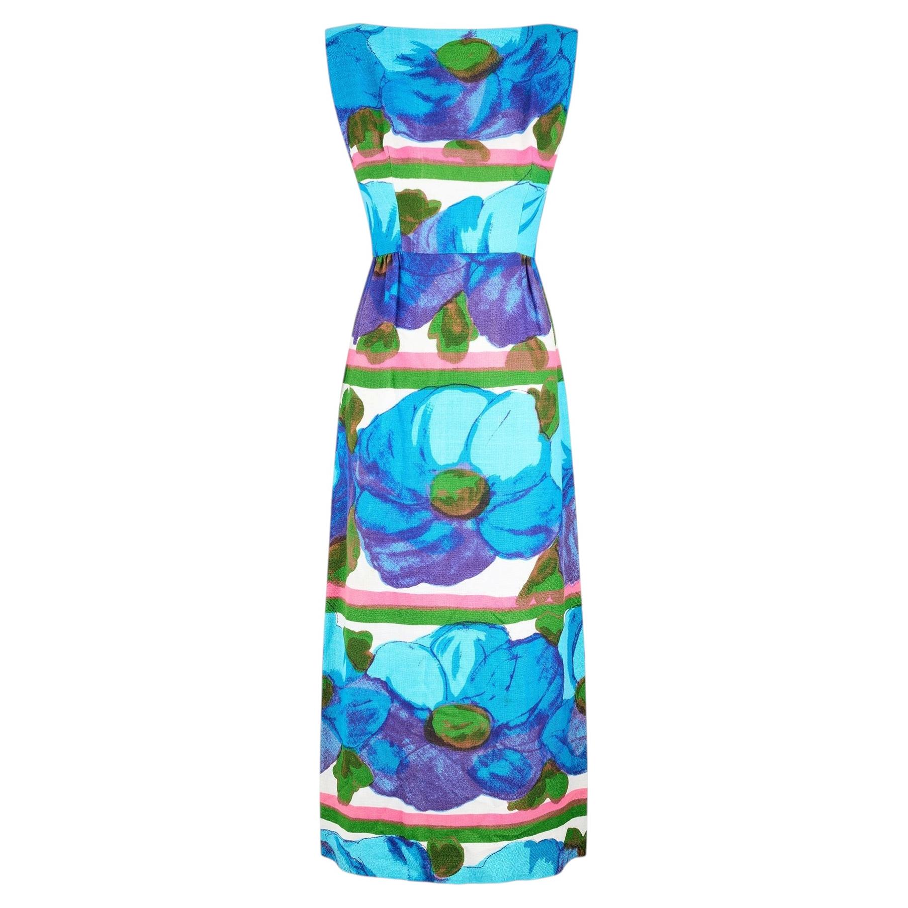 Abito in lino degli anni '60 con motivo floreale astratto nei toni del blu, rosa e verde, firmato Sandra Sage