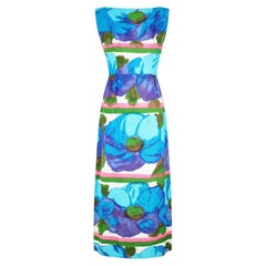 1960s Sandra Sage Blue Pink Abstract Floral Linen Dress