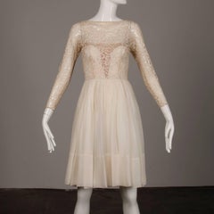 1960s Sandra Sage Vintage Cream Nude Illusion Lace + Silk Chiffon Dress