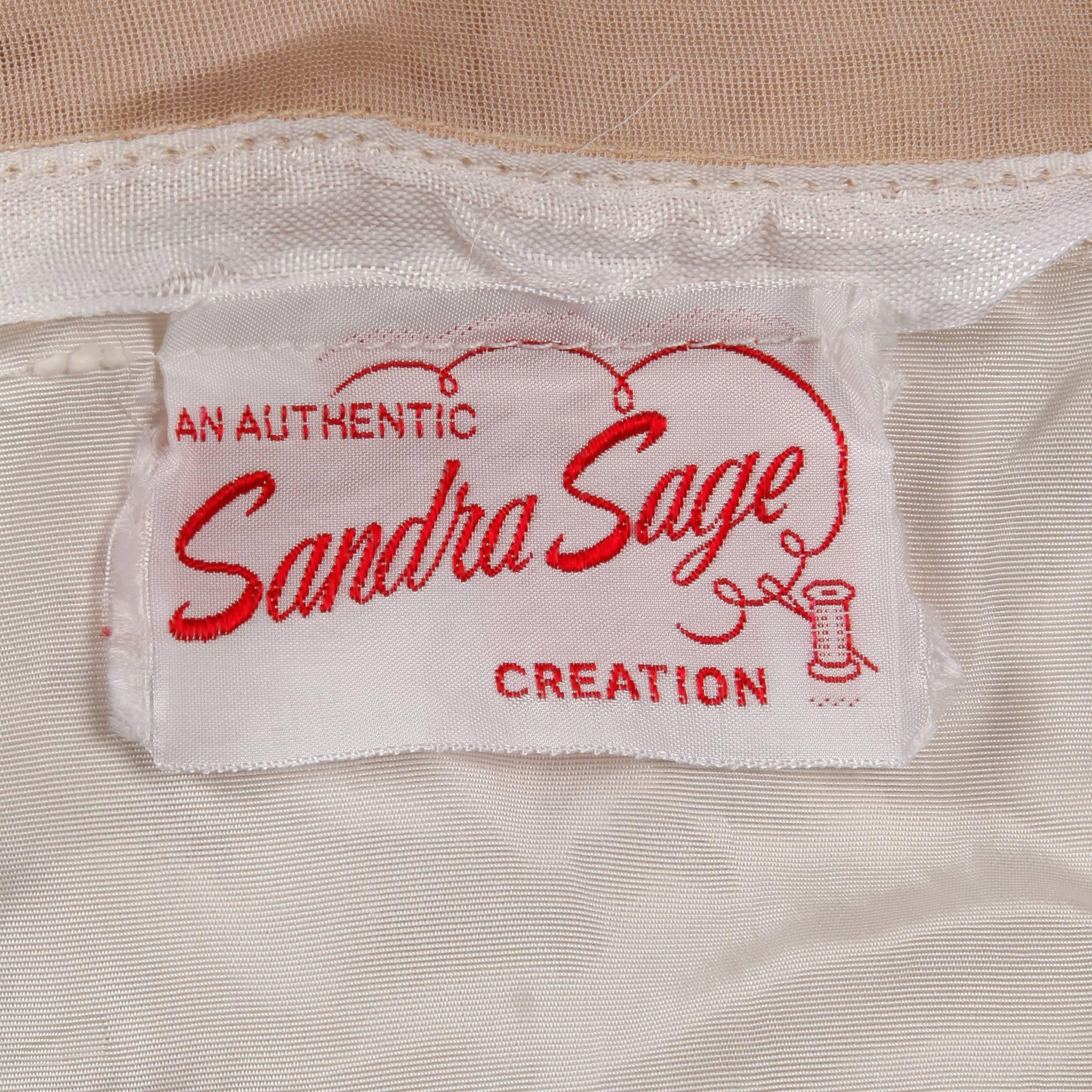 Beige 1960s Sandra Sage Vintage Cream Nude Illusion Lace + Silk Chiffon Dress For Sale
