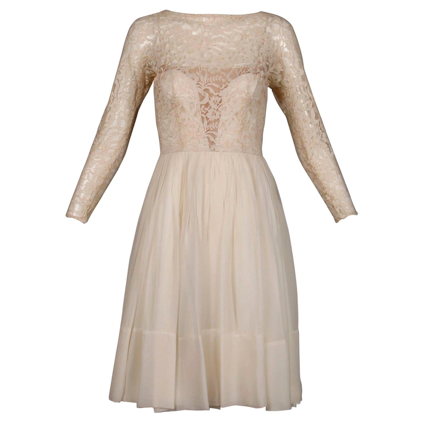1960s Sandra Sage Vintage Cream Nude Illusion Lace + Silk Chiffon Dress