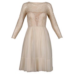 1960s Sandra Sage Vintage Cream Nude Illusion Lace + Silk Chiffon Dress
