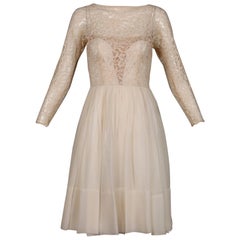 1960s Sandra Sage Vintage Cream Nude Illusion Lace + Silk Chiffon Dress