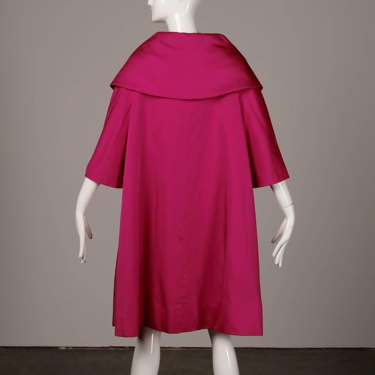 1960s Sandra Sage Vintage Fuchsia Pink Silk Satin Swing Coat with Pop ...