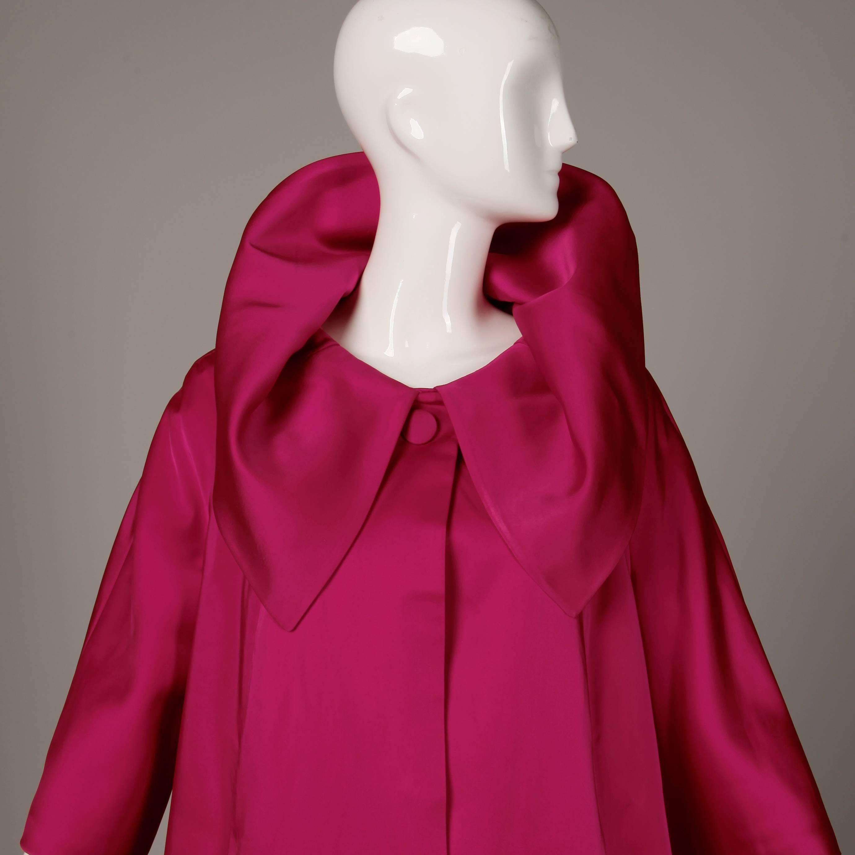 1960s Sandra Sage Vintage Fuchsia Pink Silk Satin Swing Coat with Pop Up Collar 1