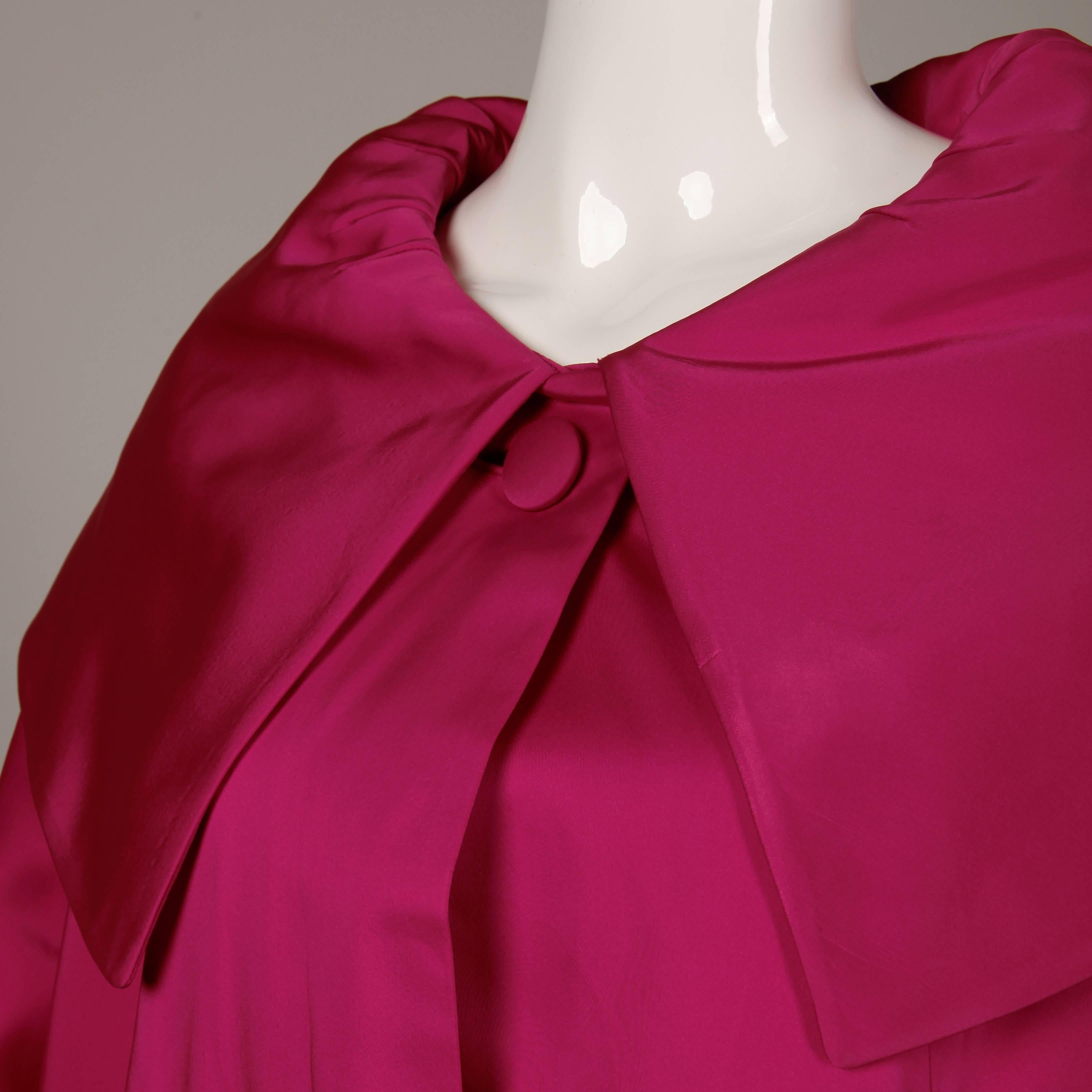 1960s Sandra Sage Vintage Fuchsia Pink Silk Satin Swing Coat with Pop Up Collar 2