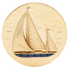 1960's Sapphire 14 Karat Yellow Gold Vintage Sailboat Brooch