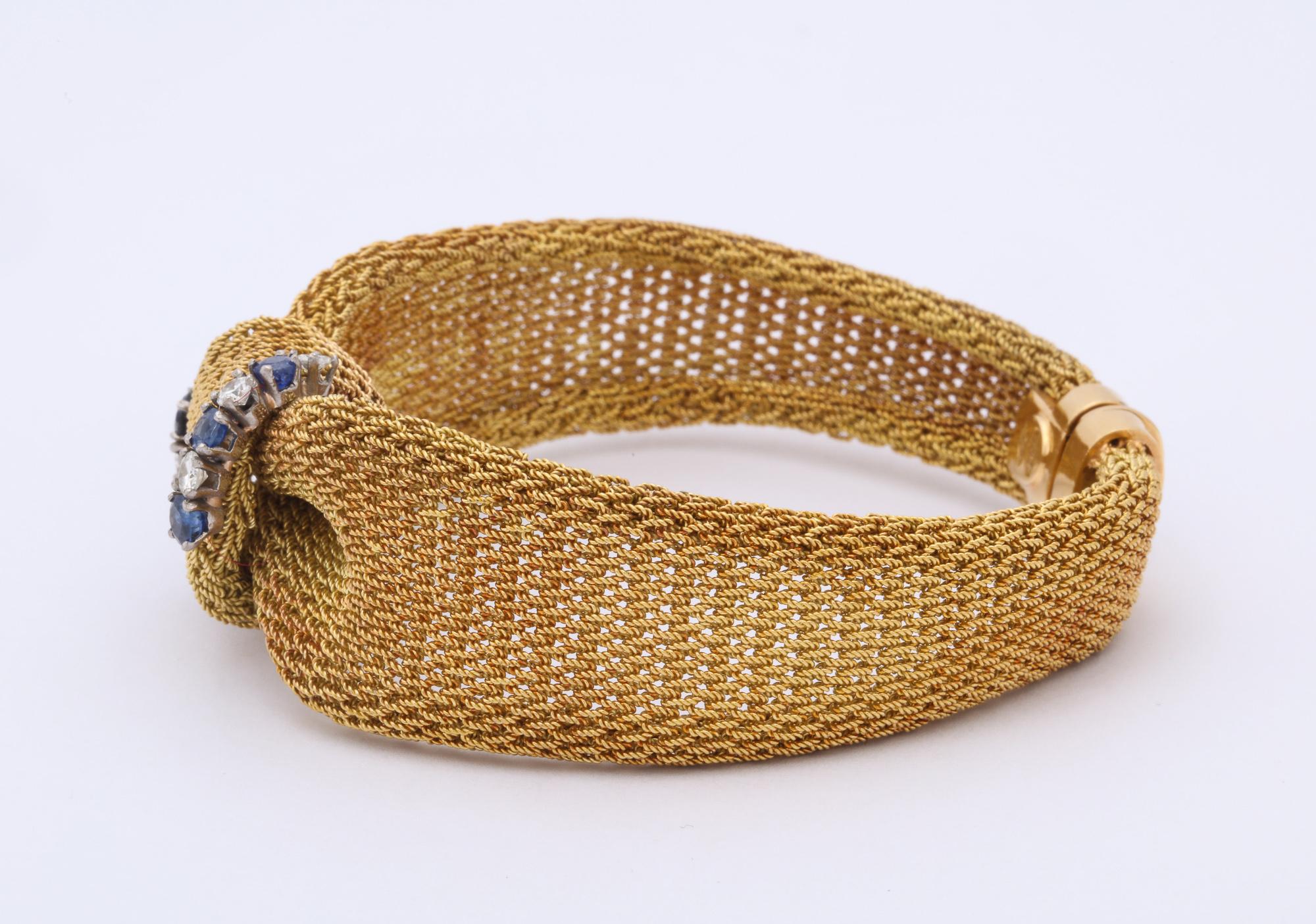 1960s Sapphire and Diamond Modified Bow Design Textured Ridge Gold Mesh Bracelet 5
