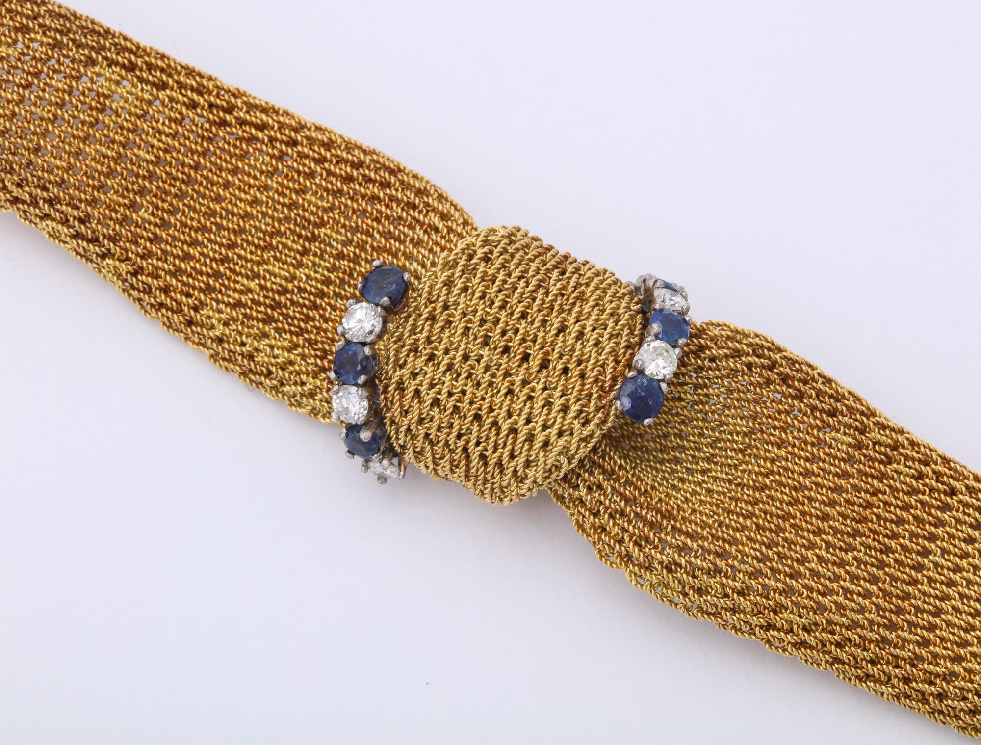 Women's 1960s Sapphire and Diamond Modified Bow Design Textured Ridge Gold Mesh Bracelet