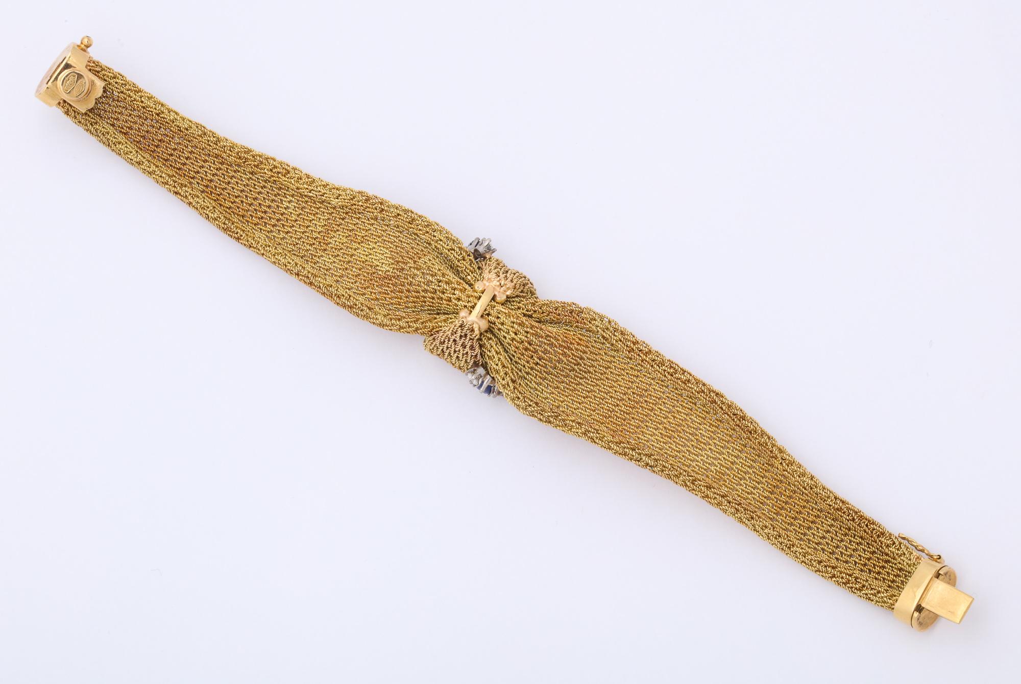 1960s Sapphire and Diamond Modified Bow Design Textured Ridge Gold Mesh Bracelet 1