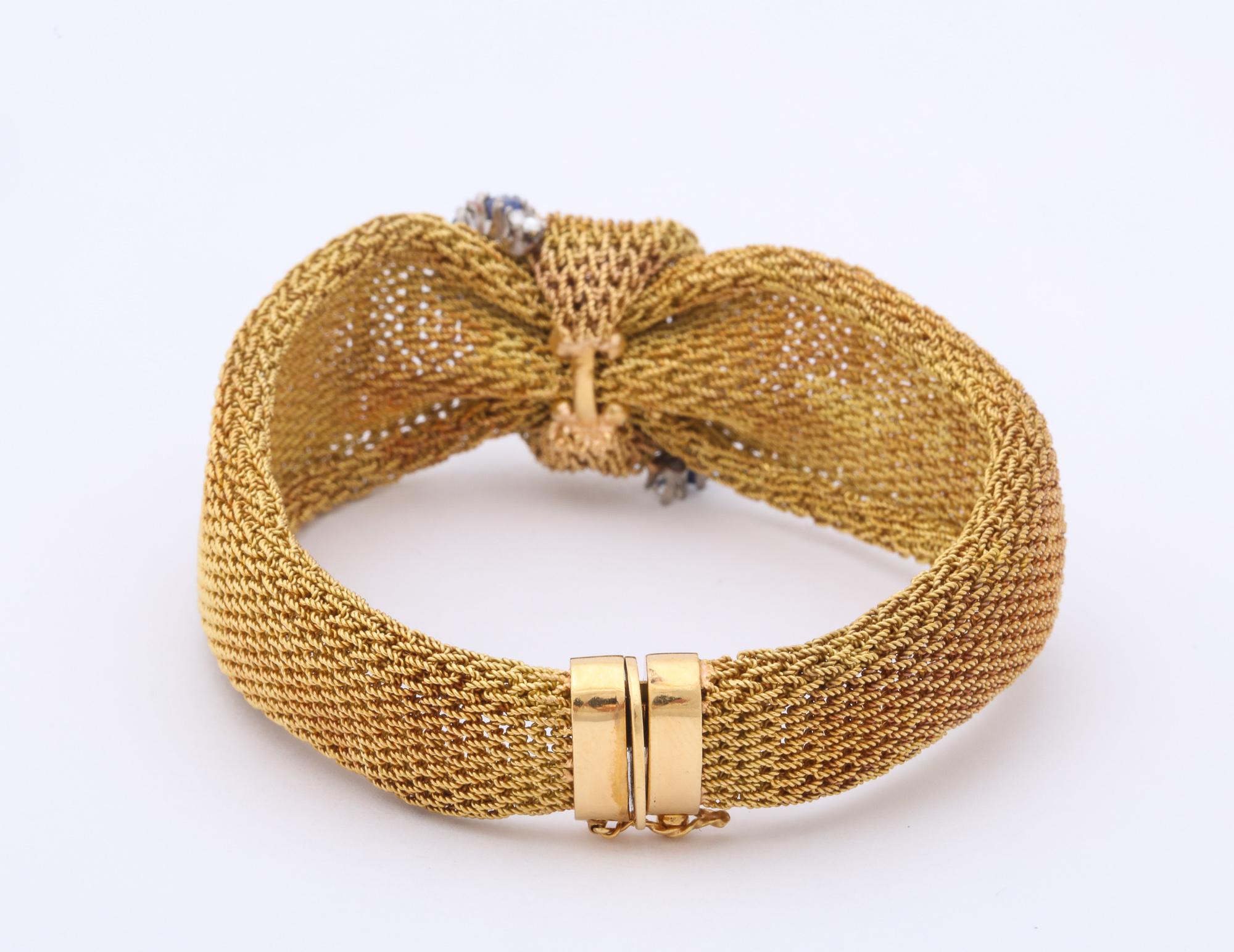 1960s Sapphire and Diamond Modified Bow Design Textured Ridge Gold Mesh Bracelet 4