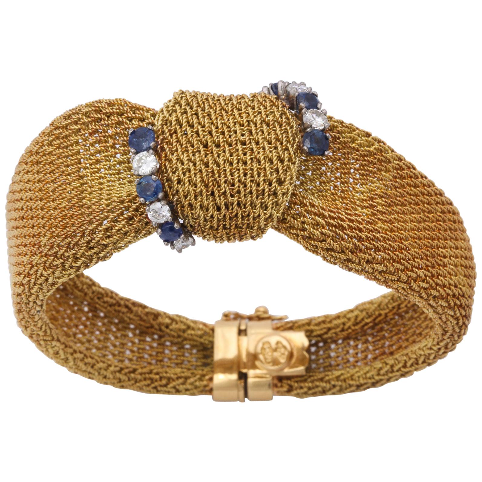 1960s Sapphire and Diamond Modified Bow Design Textured Ridge Gold Mesh Bracelet
