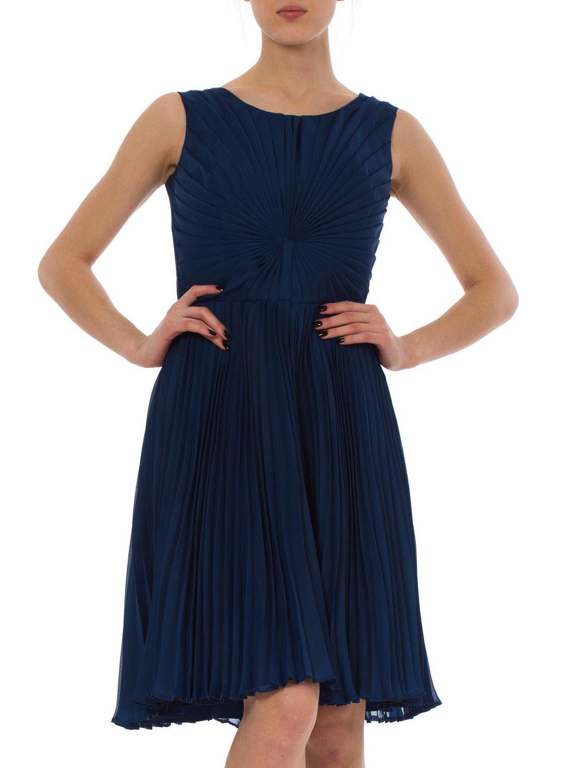 Tagged a European size 40, Fully lined in rayon. Bodice is pleated and stitched by hand into a sort of fan or palm frond, super cool and unique construction. 1960S Sapphire Blue  Polyester Chiffon Pleated Fan Bodice Cocktail Dress Made In France 