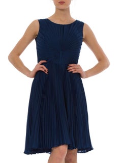 1960S Sapphire Blue  Polyester Chiffon Pleated Fan Bodice Cocktail Dress Made I