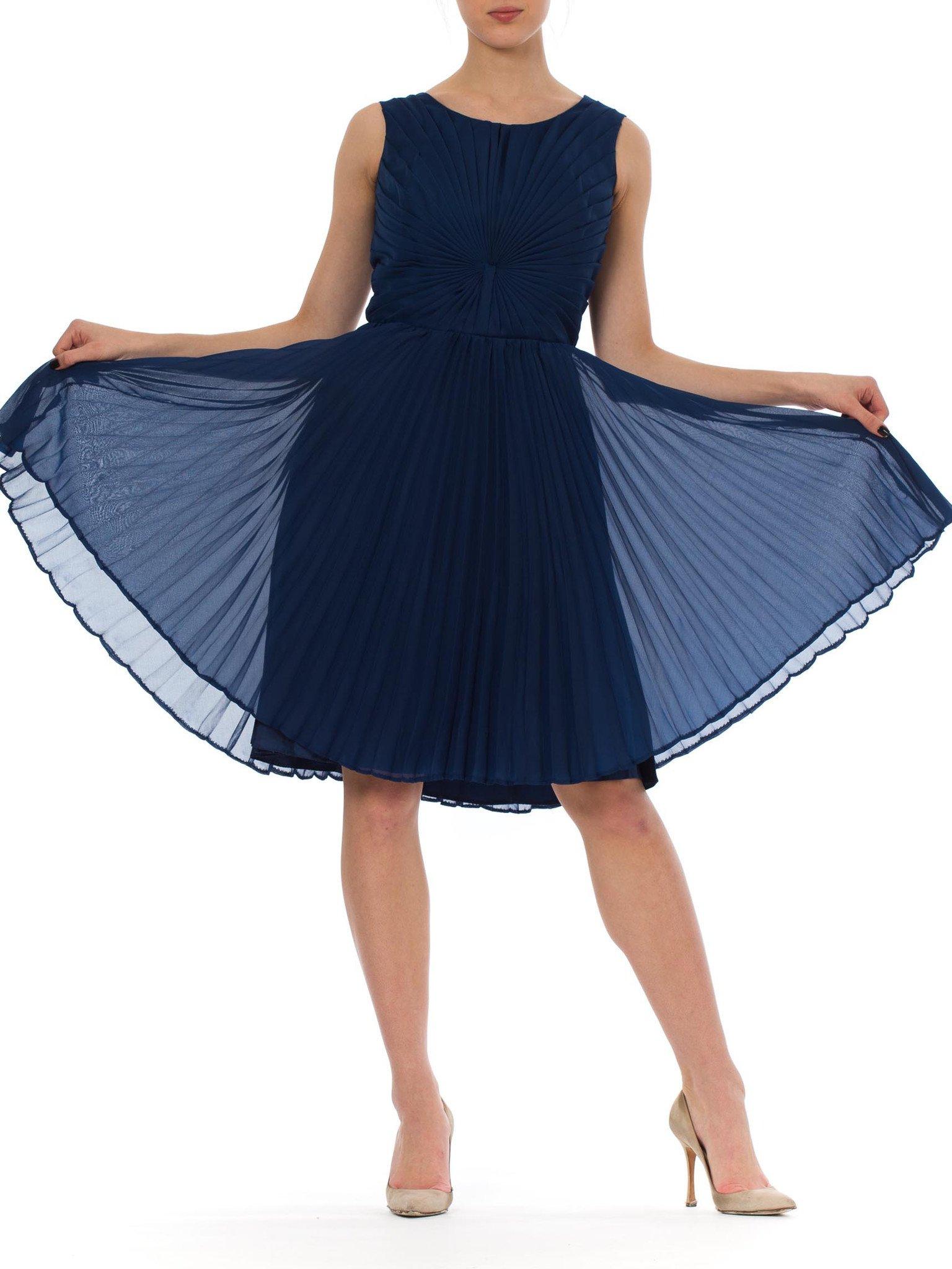 1960S Sapphire Blue  Polyester Chiffon Pleated Fan Bodice Cocktail Dress Made I In Excellent Condition For Sale In New York, NY