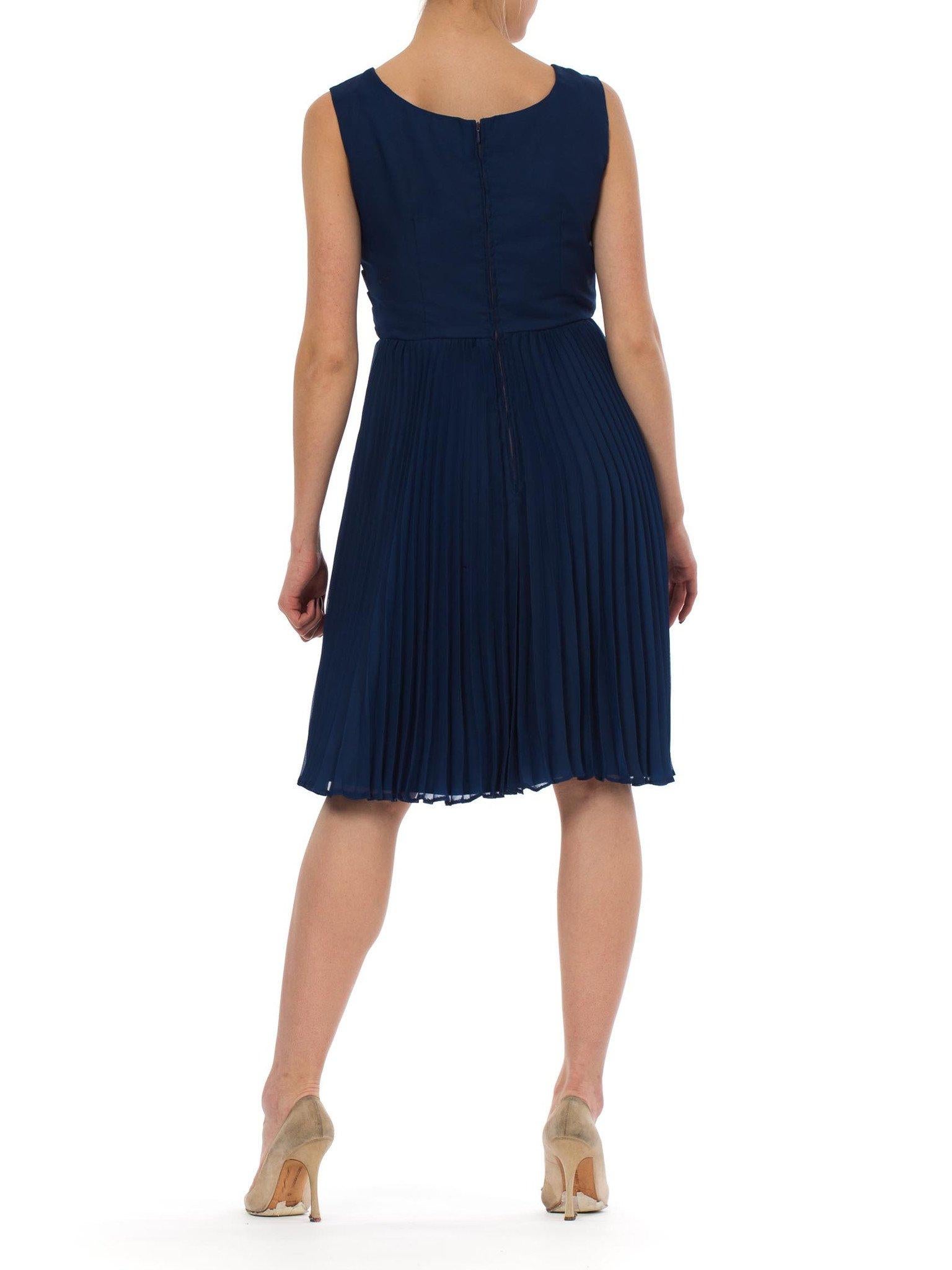 1960S Sapphire Blue  Polyester Chiffon Pleated Fan Bodice Cocktail Dress Made I For Sale 1