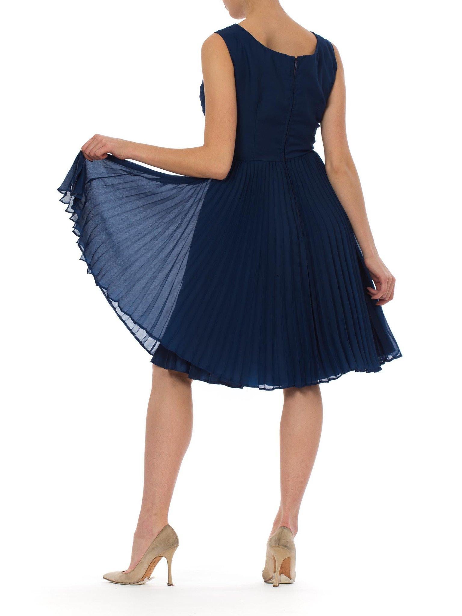 1960S Sapphire Blue  Polyester Chiffon Pleated Fan Bodice Cocktail Dress Made I For Sale 3