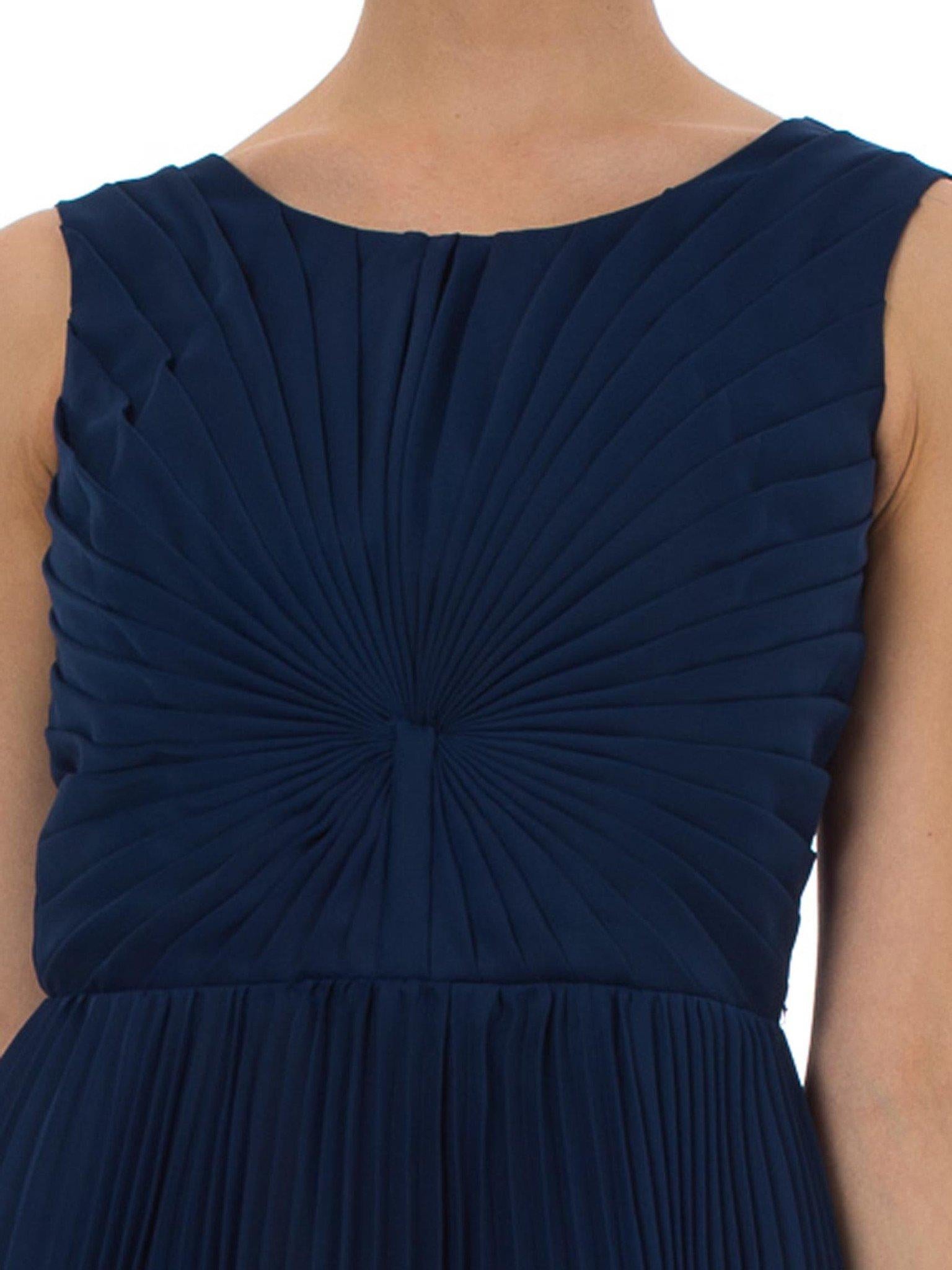 1960S Sapphire Blue  Polyester Chiffon Pleated Fan Bodice Cocktail Dress Made I For Sale 4