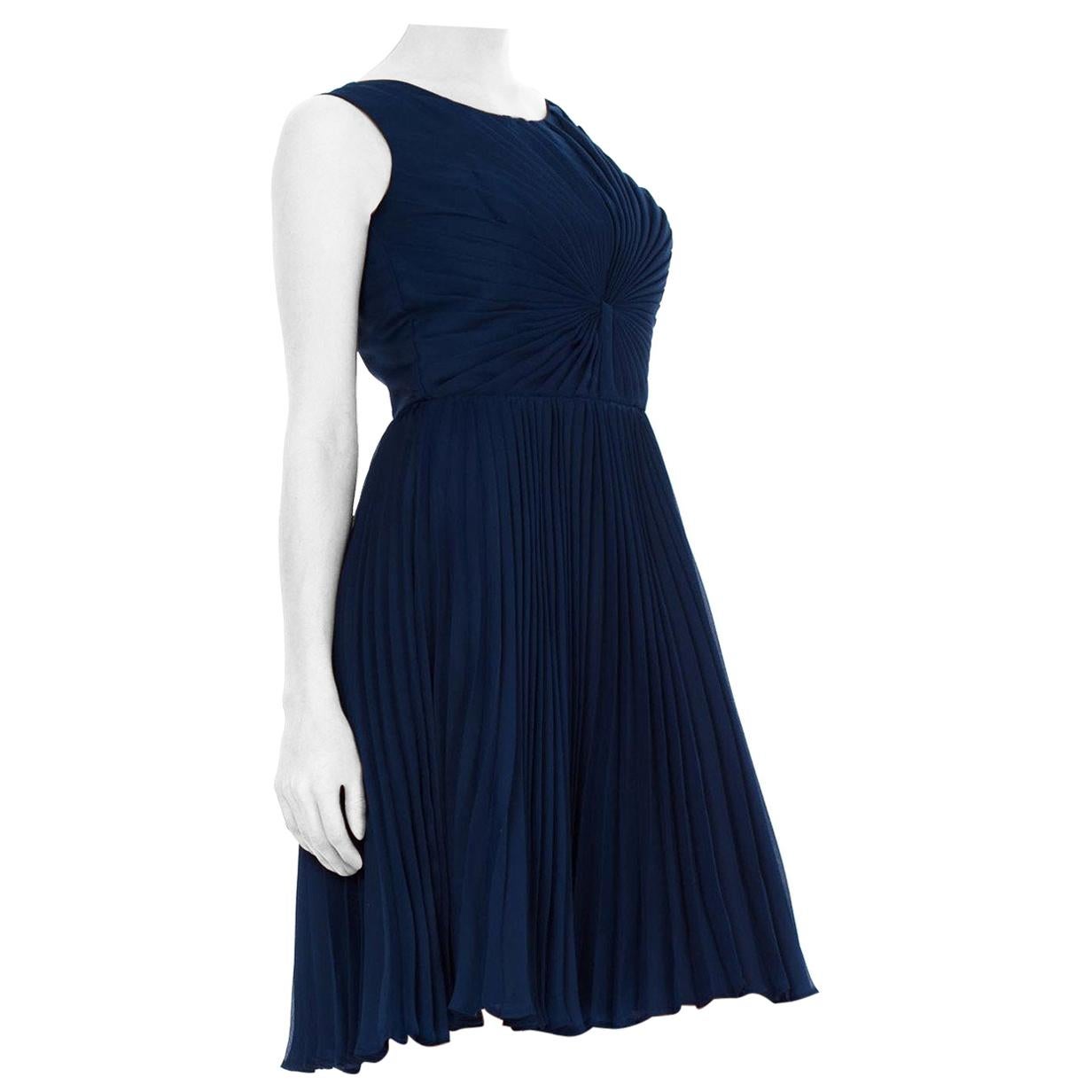 1960S Sapphire Blue  Polyester Chiffon Pleated Fan Bodice Cocktail Dress Made I For Sale
