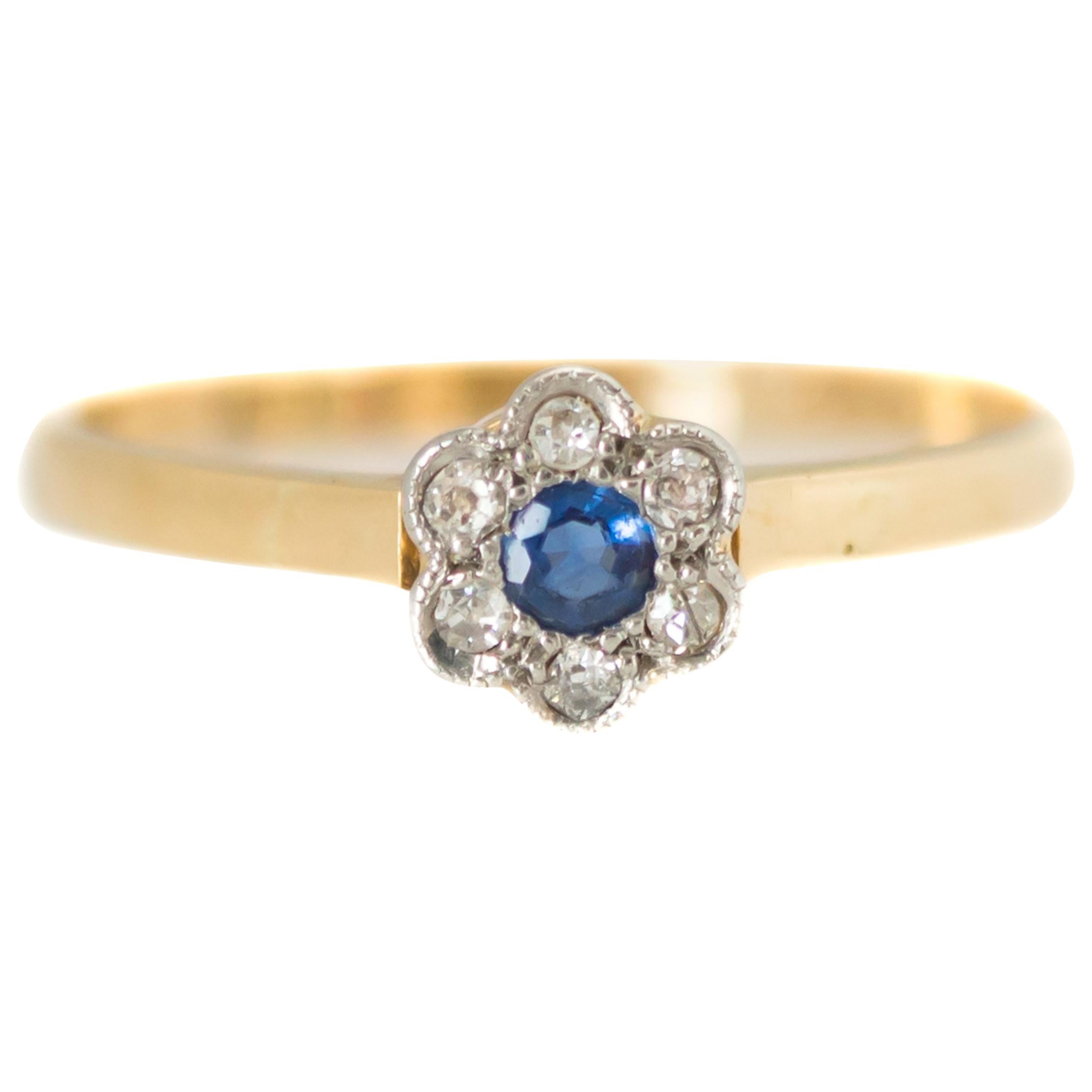 1960s Sapphire, Diamond and 18 Karat Gold Two-Tone Floral Ring For Sale