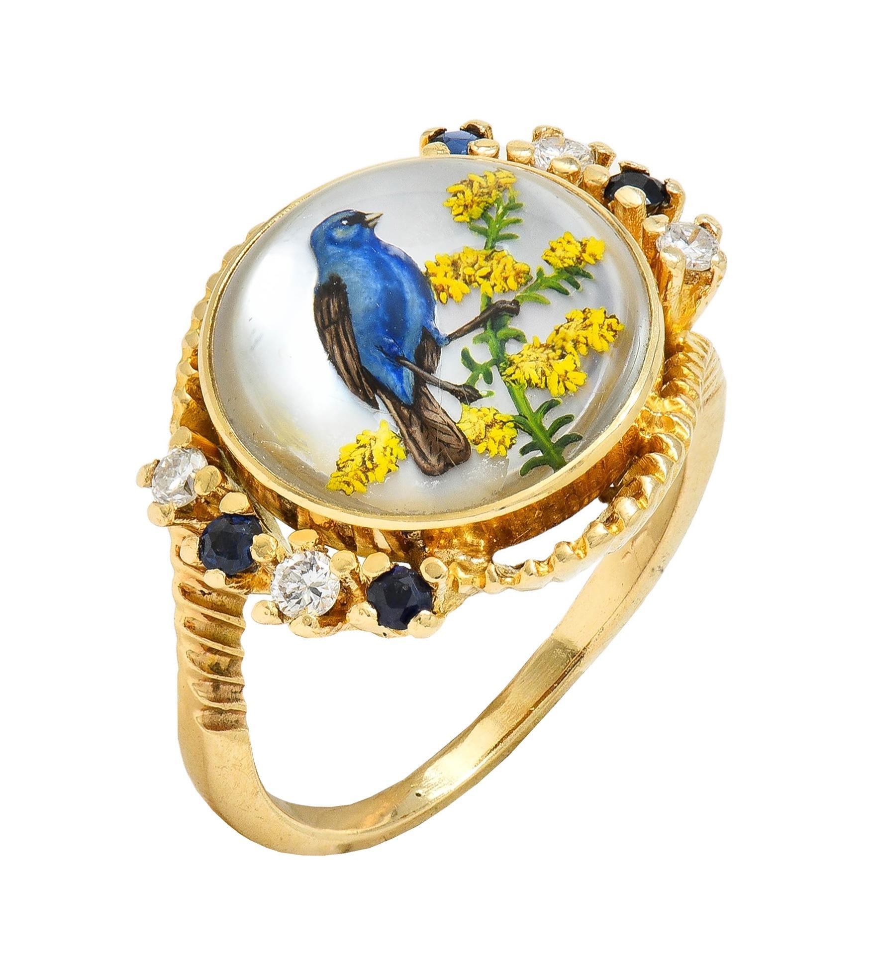 1960s Sapphire Diamond Essex Crystal 14 Karat Gold Vintage Blue Bird Bypass Ring 5