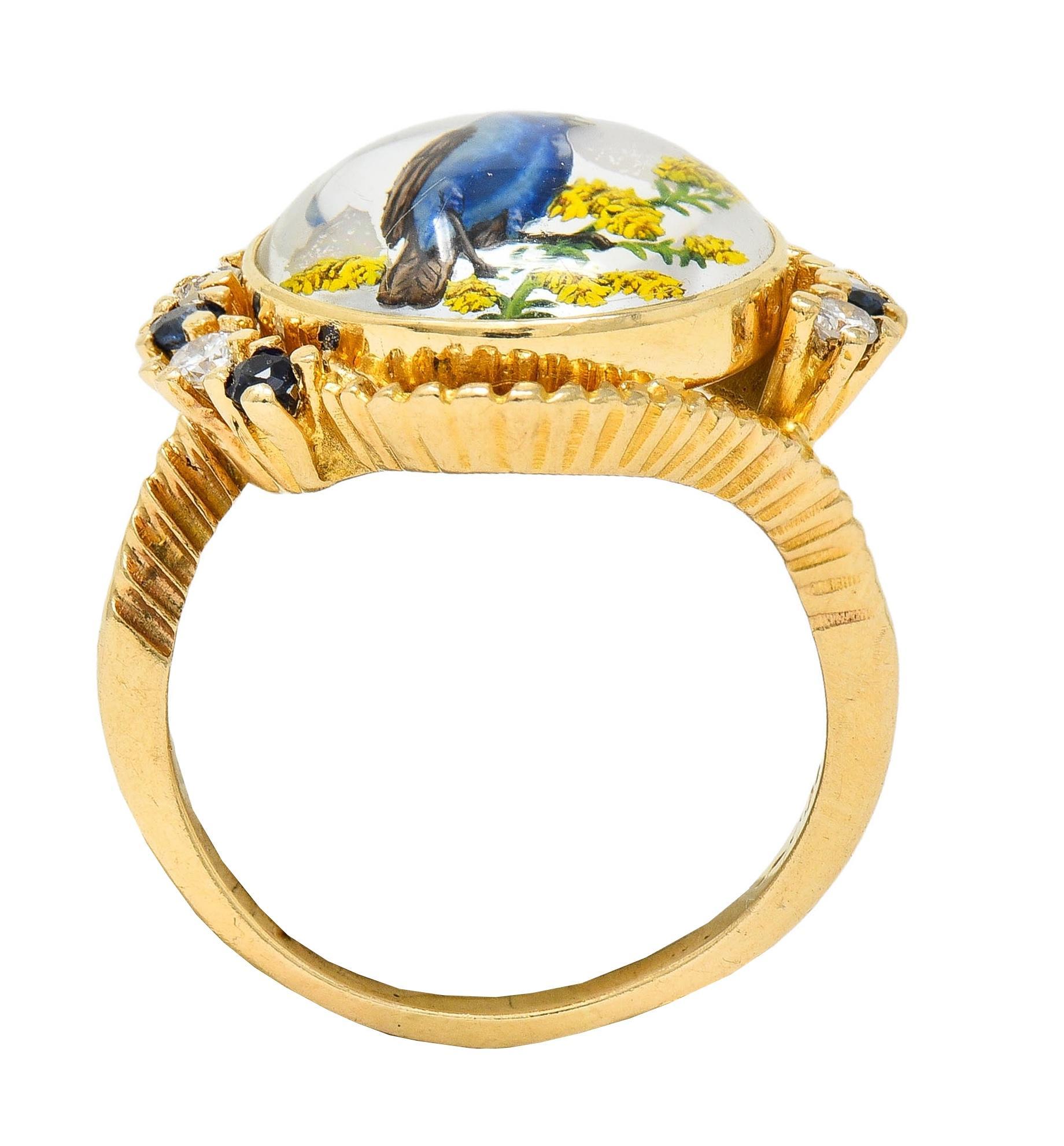 1960s Sapphire Diamond Essex Crystal 14 Karat Gold Vintage Blue Bird Bypass Ring 6