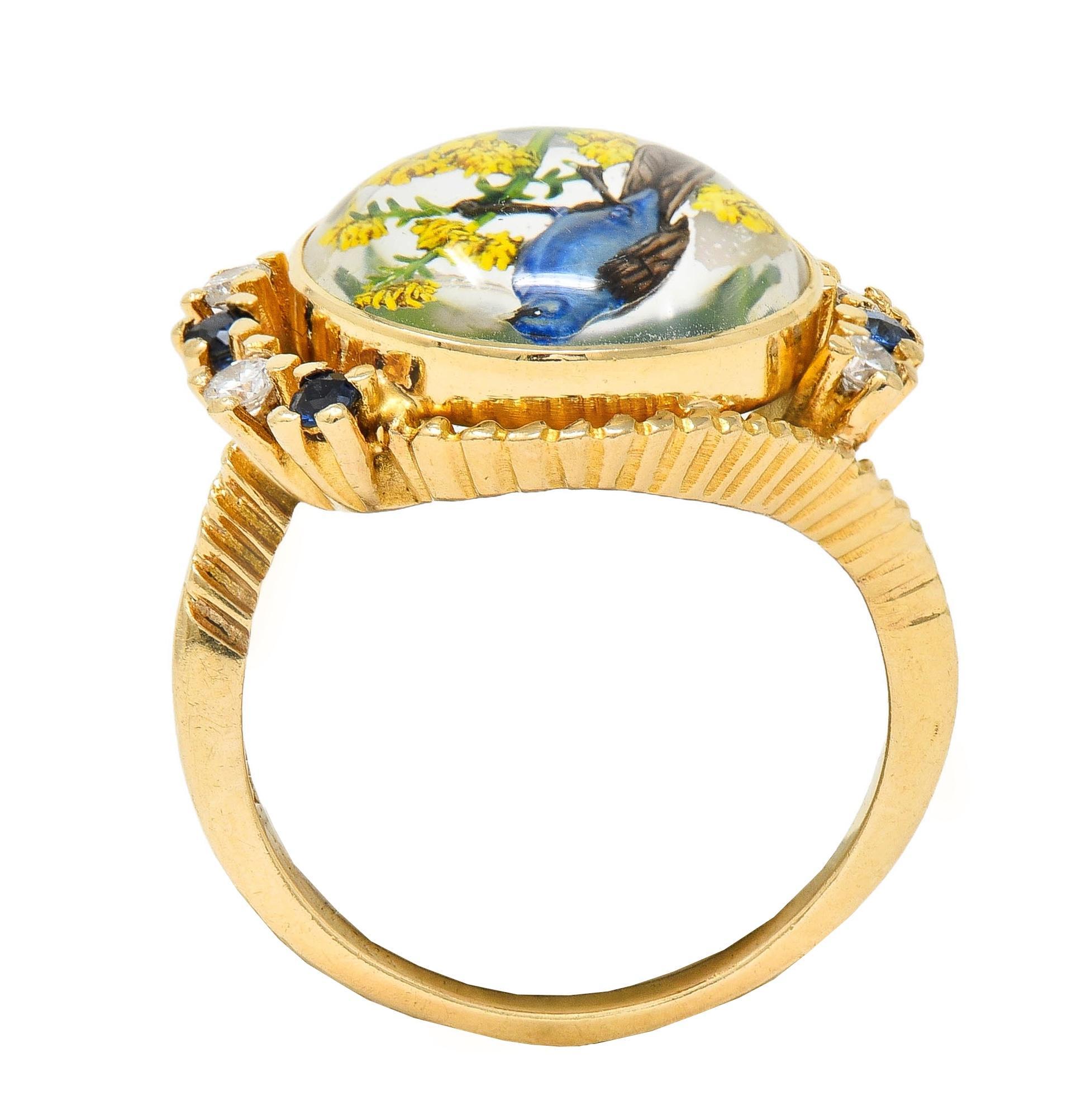 1960s Sapphire Diamond Essex Crystal 14 Karat Gold Vintage Blue Bird Bypass Ring 7