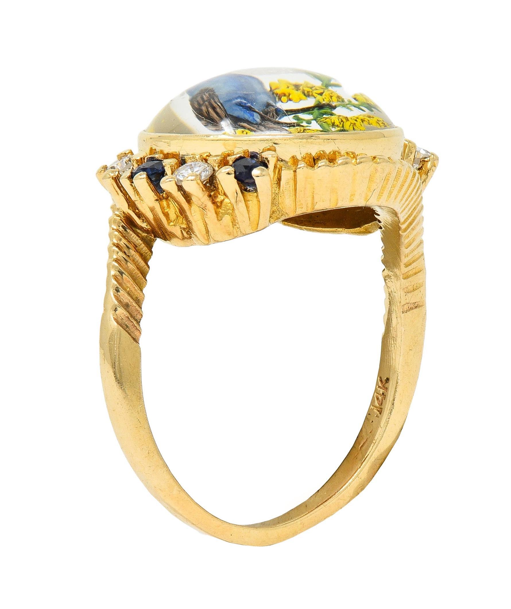 1960s Sapphire Diamond Essex Crystal 14 Karat Gold Vintage Blue Bird Bypass Ring 8