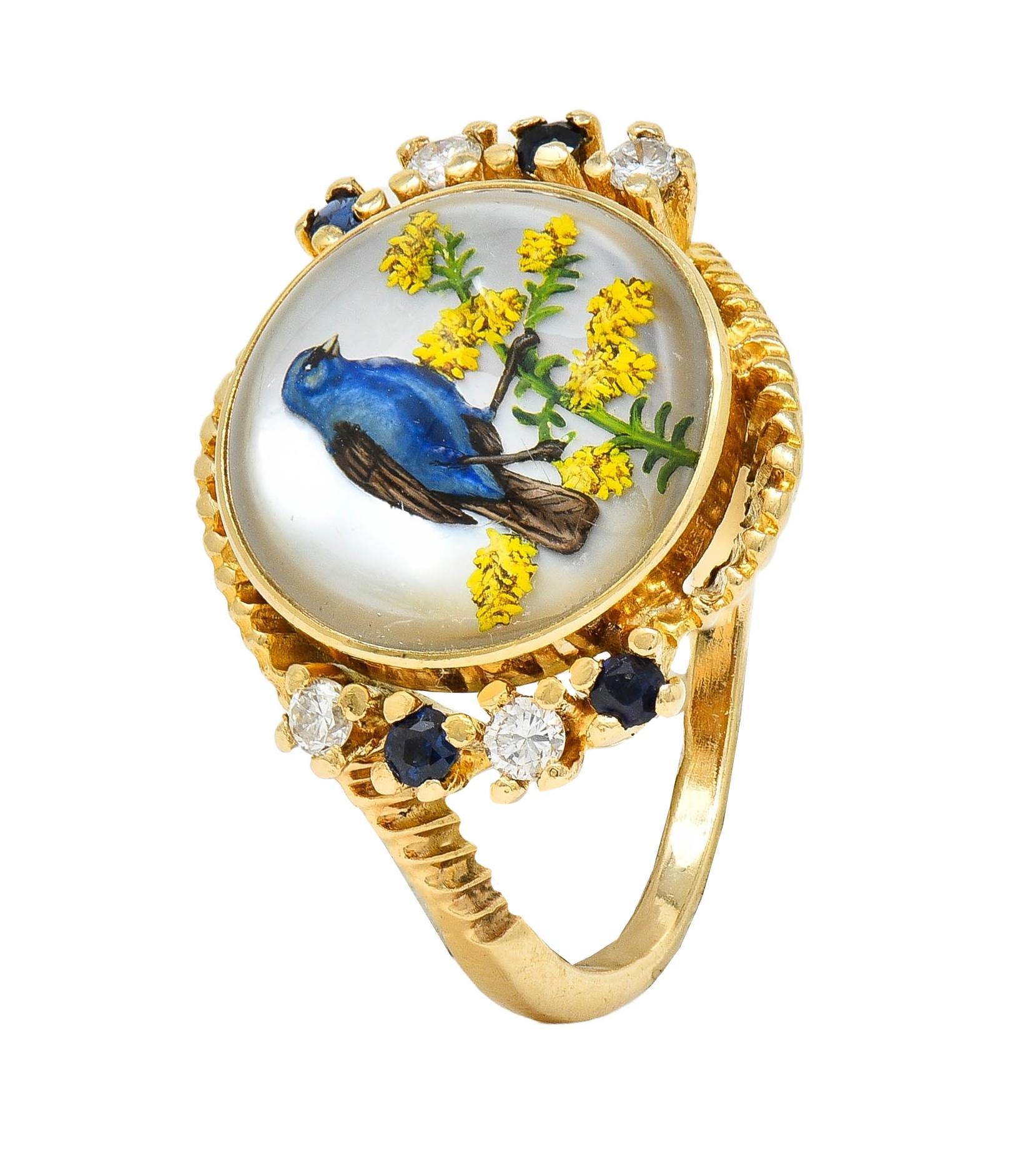 1960s Sapphire Diamond Essex Crystal 14 Karat Gold Vintage Blue Bird Bypass Ring 9