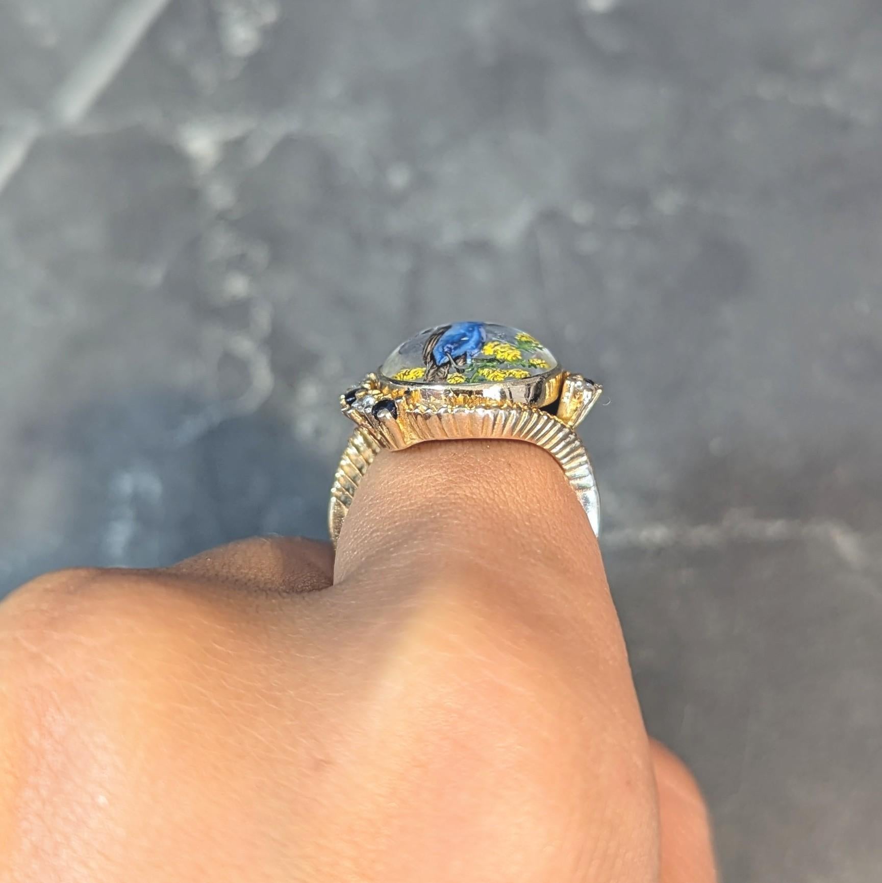 1960s Sapphire Diamond Essex Crystal 14 Karat Gold Vintage Blue Bird Bypass Ring 10