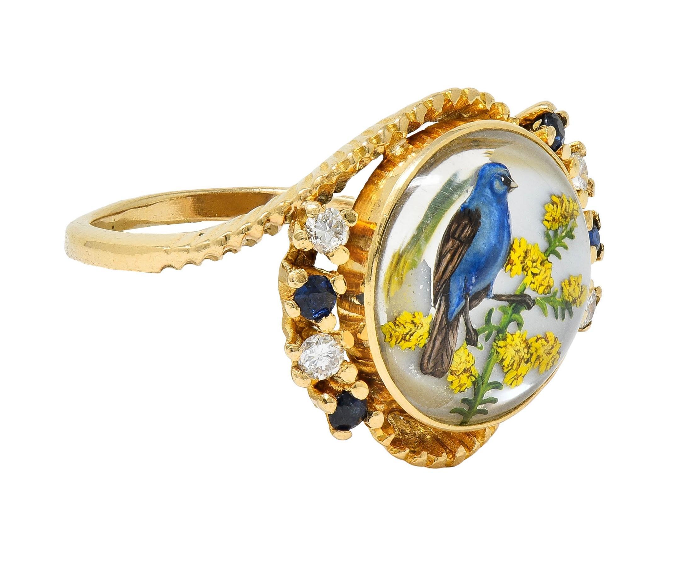 Cabochon 1960s Sapphire Diamond Essex Crystal 14 Karat Gold Vintage Blue Bird Bypass Ring