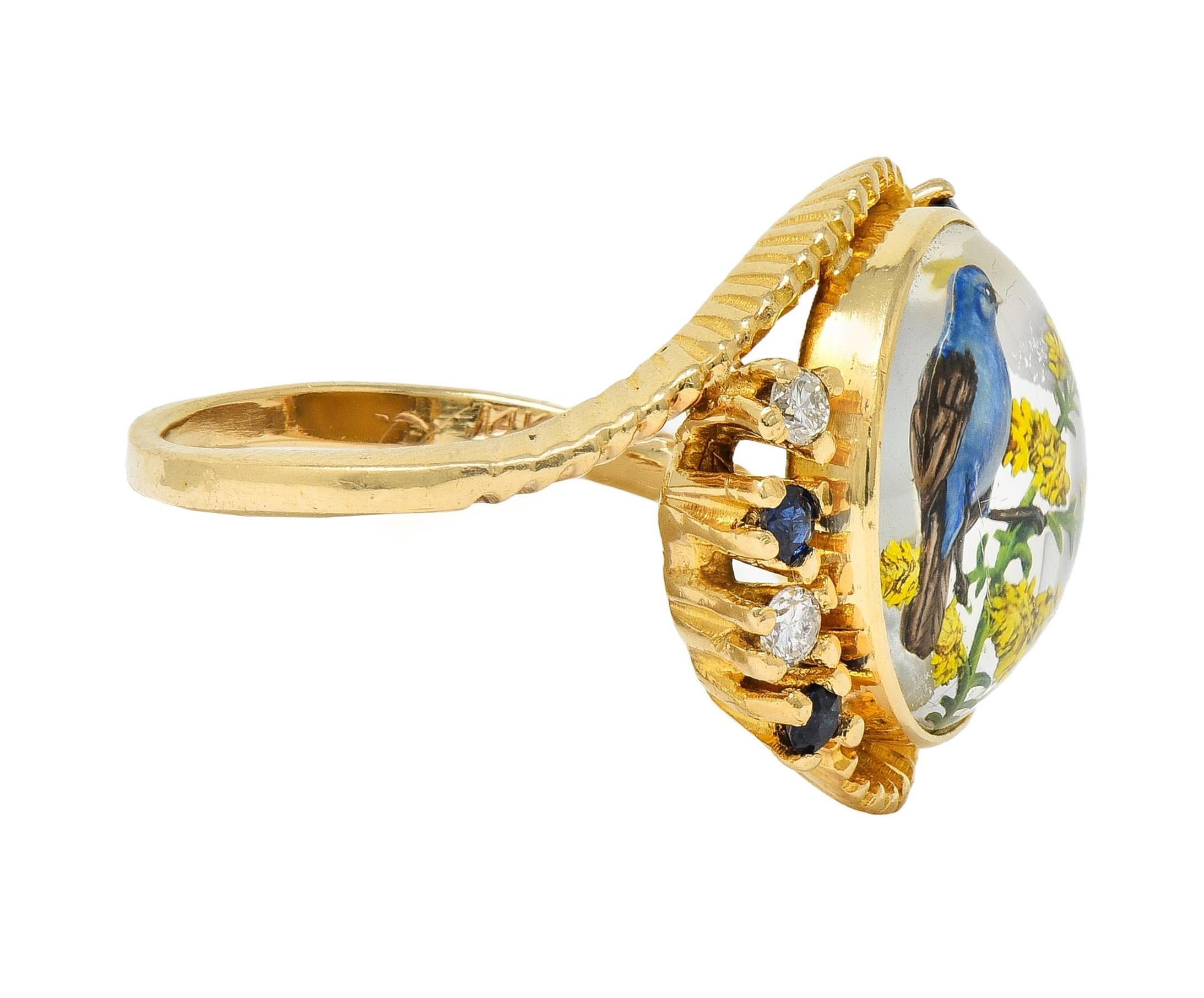1960s Sapphire Diamond Essex Crystal 14 Karat Gold Vintage Blue Bird Bypass Ring In Excellent Condition In Philadelphia, PA