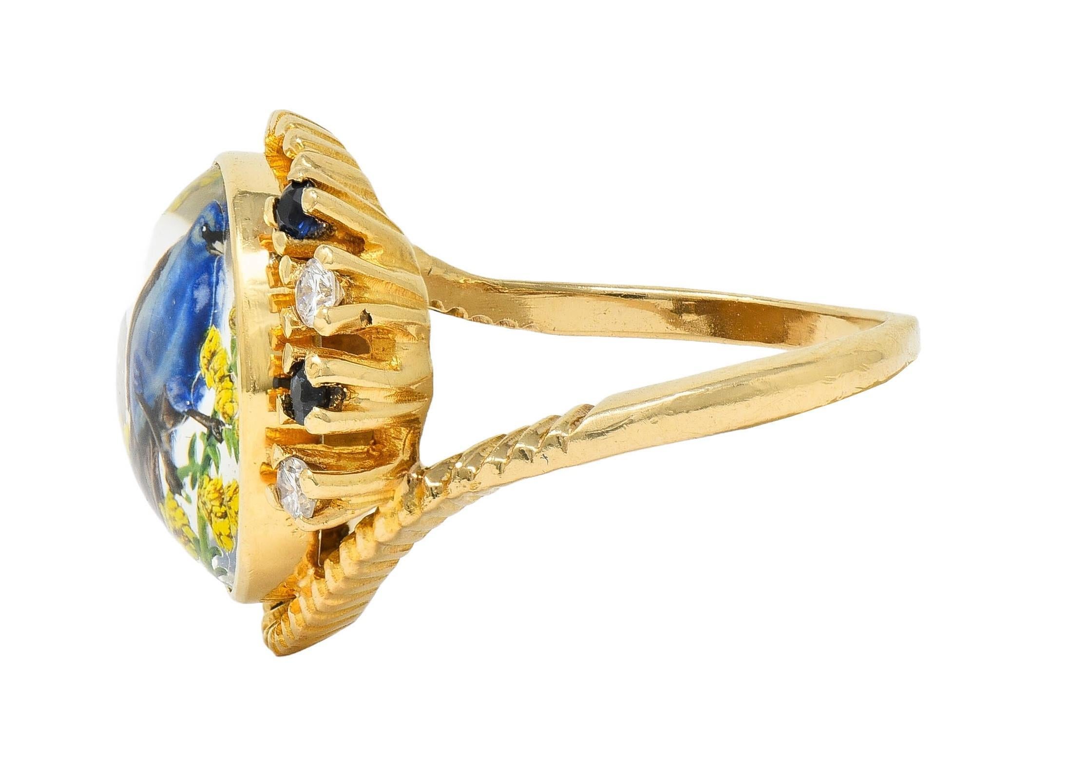 1960s Sapphire Diamond Essex Crystal 14 Karat Gold Vintage Blue Bird Bypass Ring 1